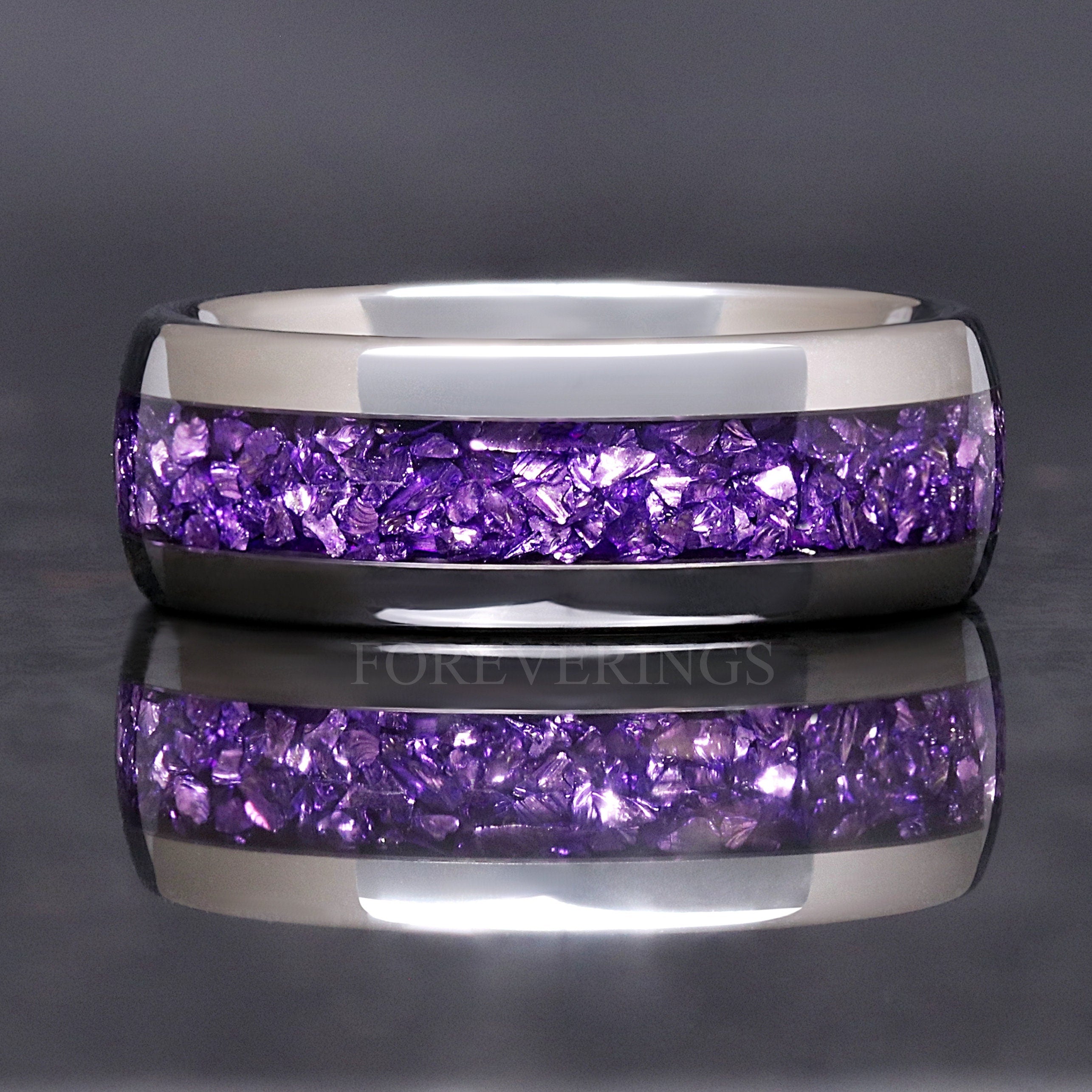 Silver Alexandrite Ring Set, His and Her Tungsten Wedding Band, 8mm & 4mm Ring Set, Purple Ring, Matching Couples Ring Set, Promise Ring Set