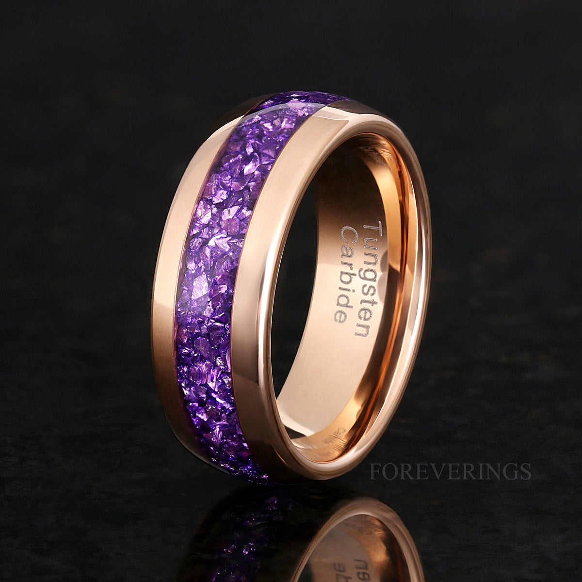 Amethyst Ring Set Rose Gold, His and Her Tungsten Wedding Band, 8mm & 4mm Purple Ring Set, Matching Couples Ring Set, Promise Ring Set