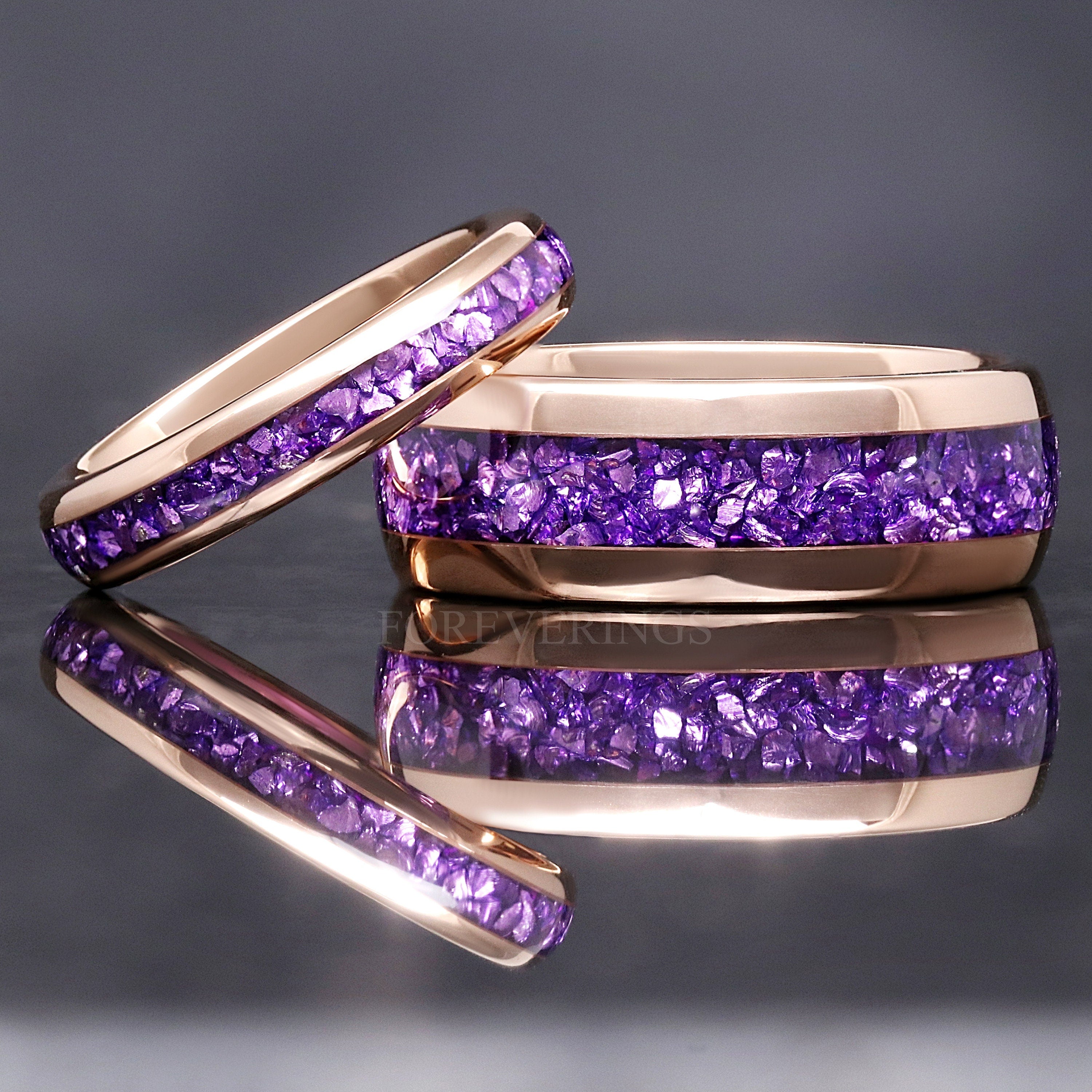 Alexandrite Ring Set Rose Gold, His and Her Tungsten Wedding Band, 8mm & 4mm Purple Ring Set, Matching Couples Ring Set, Promise Ring Set