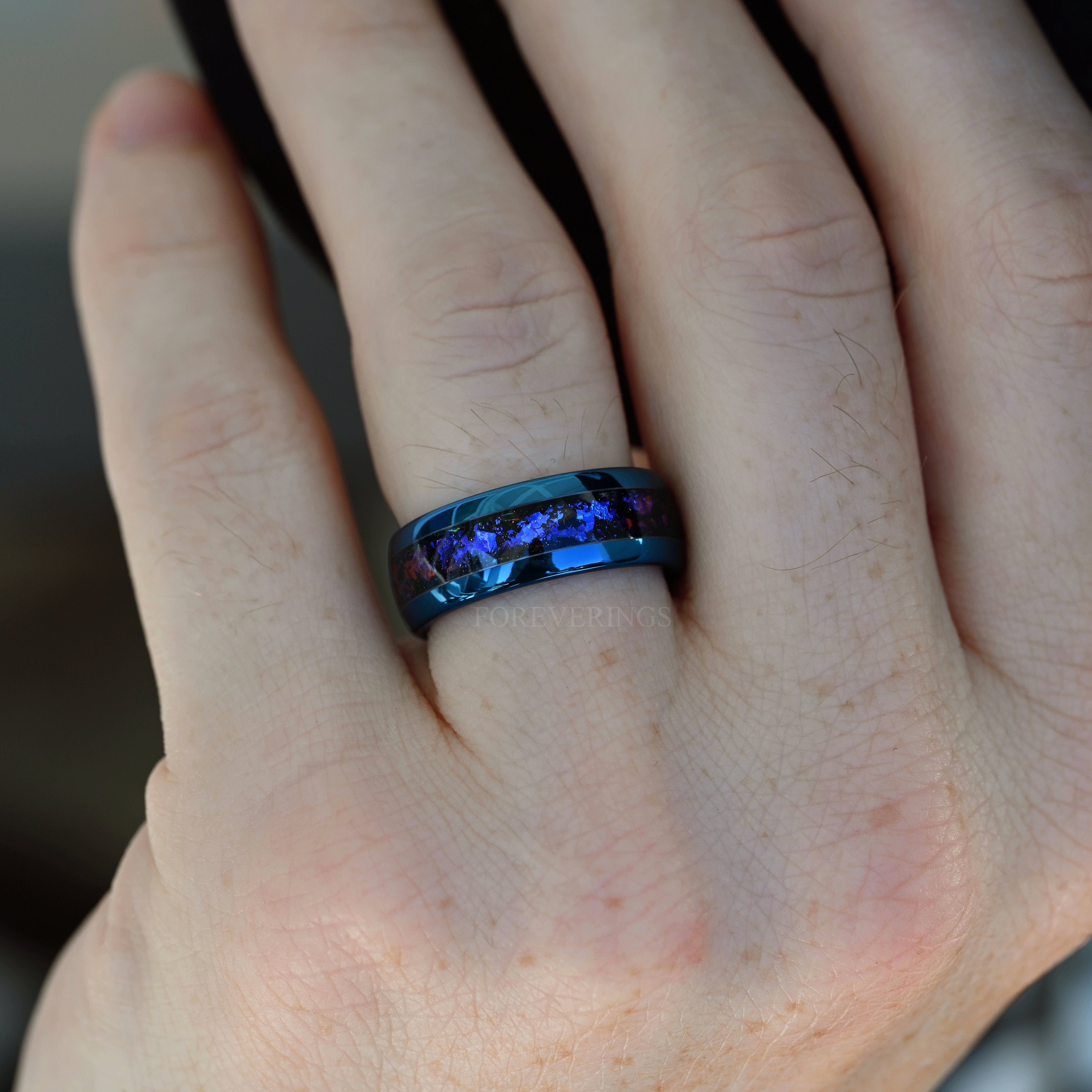 Orion Nebula Ring Blue, 8mm Tungsten Outer Space Band, Unique Men Wedding Band, Blue Nebula Ring, Dome, Polish Smooth, Ring Engraving