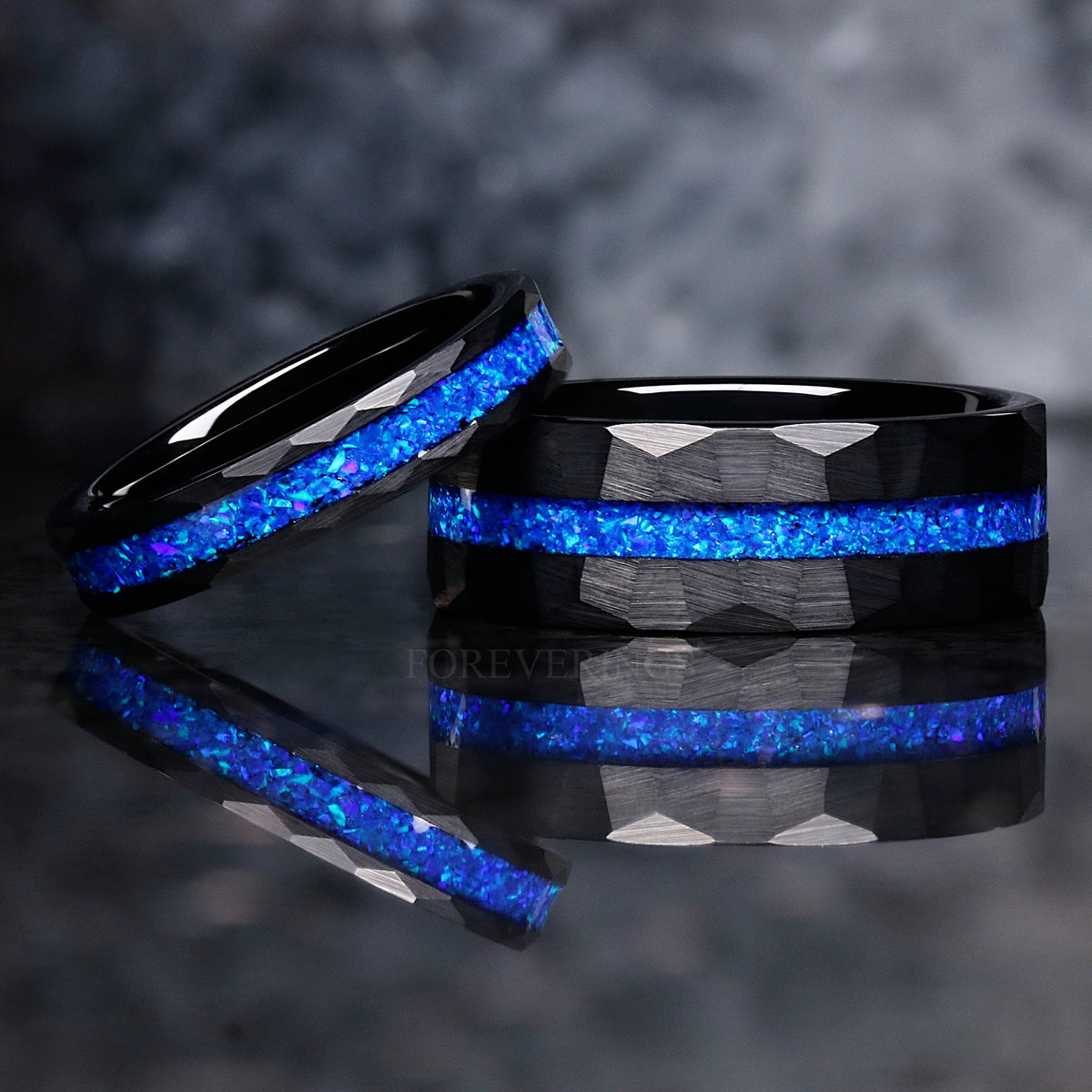 Blue Opal Ring Set, His Her Wedding Band, Black Tungsten Ring, Black Hammered Ring, Flat, Thin Blue Strip, Matching Couples Ring, Engraving