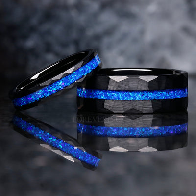 Blue Opal Ring Set, His Her Wedding Band, Black Tungsten Ring, Black Hammered Ring, Flat, Thin Blue Strip, Matching Couples Ring, Engraving