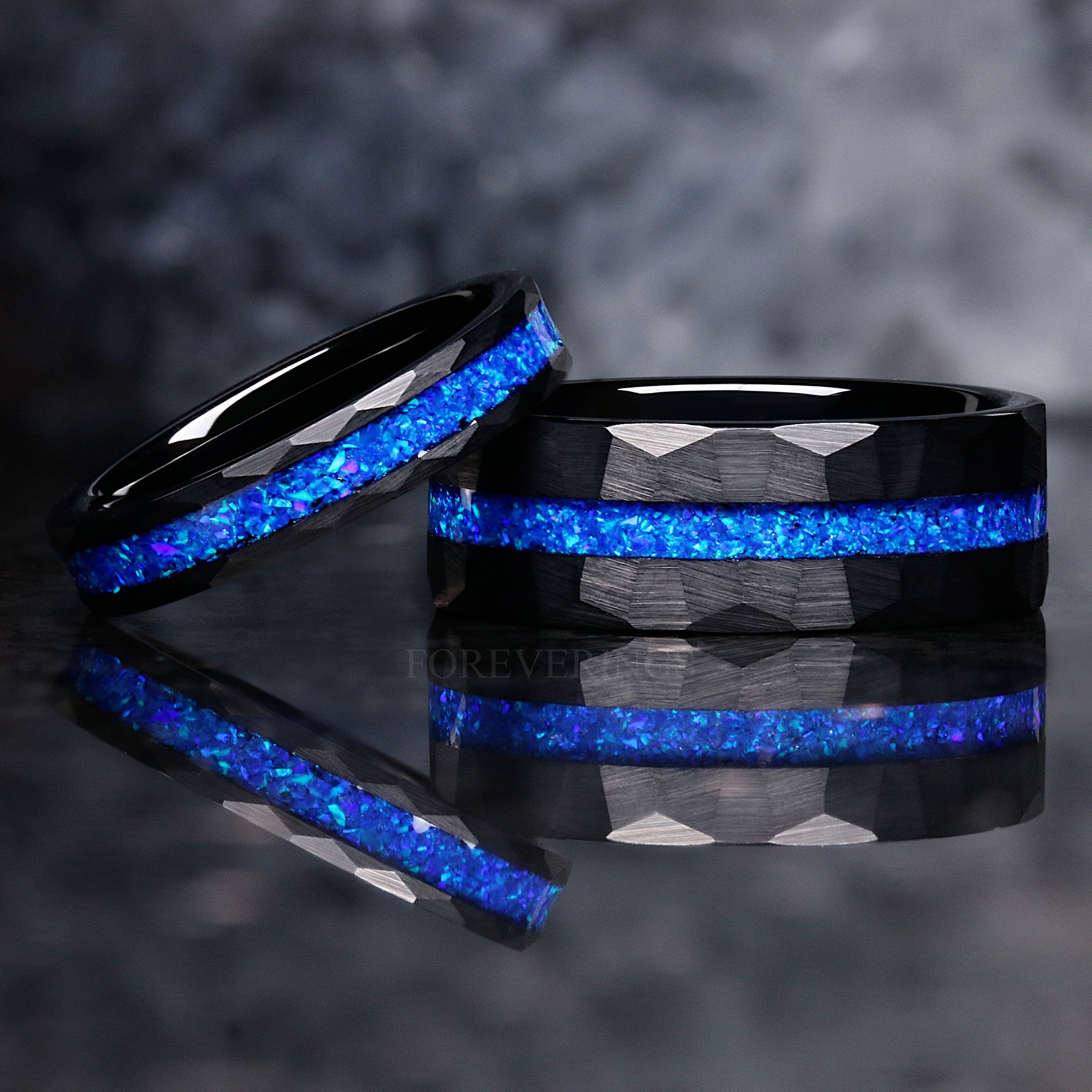 Blue Opal Ring Set, His Her Wedding Band, Black Tungsten Ring, Black Hammered Ring, Flat, Thin Blue Strip, Matching Couples Ring, Engraving