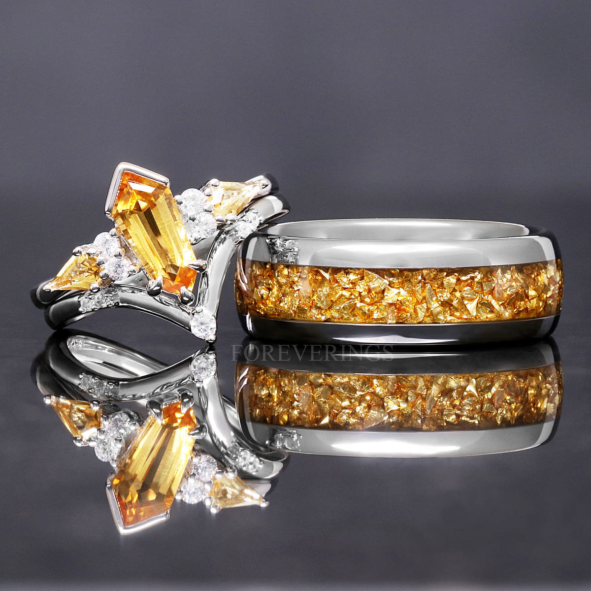Silver citrine bridal set beside a wide silver band with crushed citrine inlay