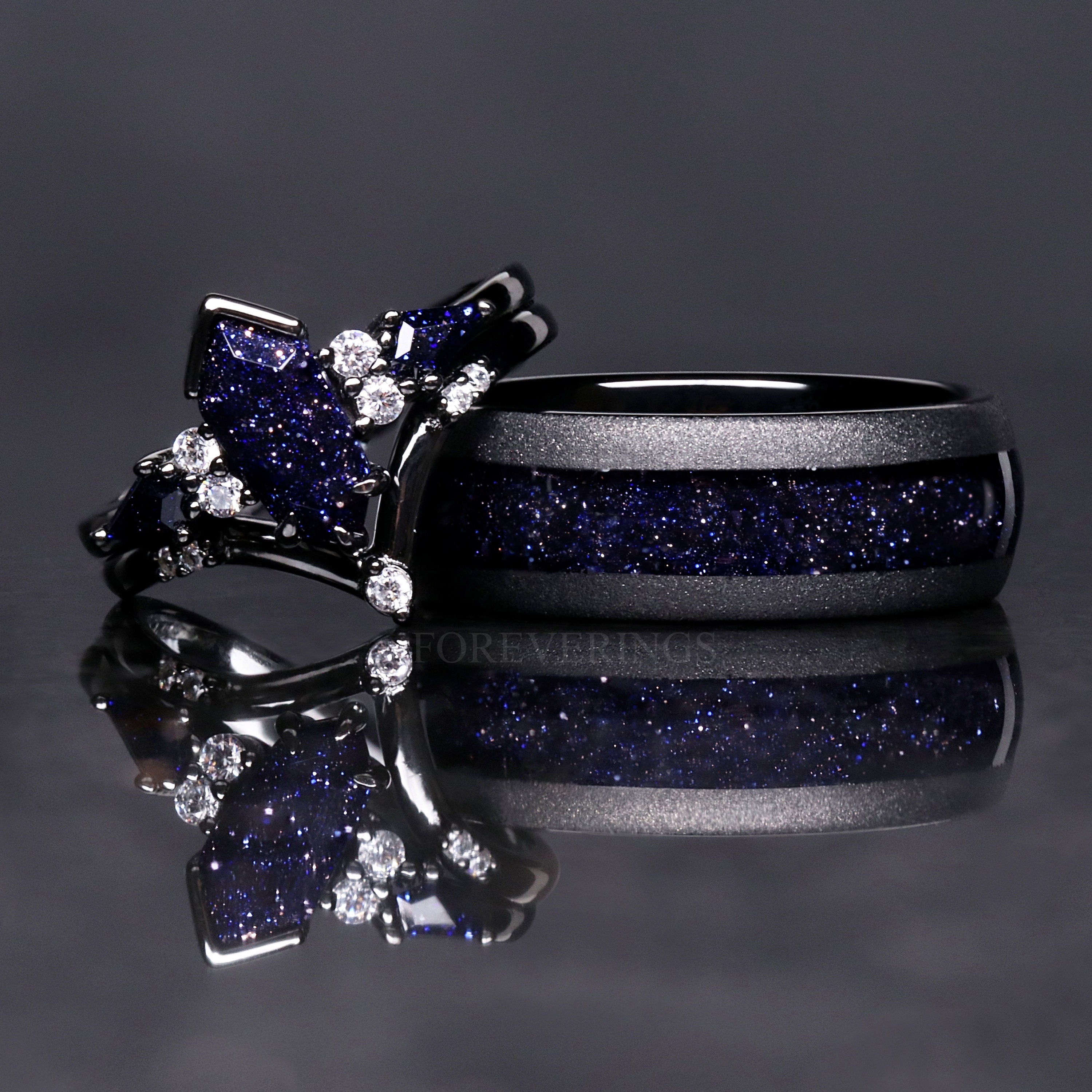 Great Rift Nebula Ring Coffin Kite Cut Sandstone, Black Rhodium Engagement Ring Set, Black Ring, 925 Sterling Silver, Blue Sandstone