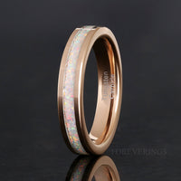 Rose Gold Opal Wedding Band Set, His Her Ring Set, White Fire Opal, Tungsten Set, 8mm & 4mm Matching Band, Promise Ring Couple, Personalized