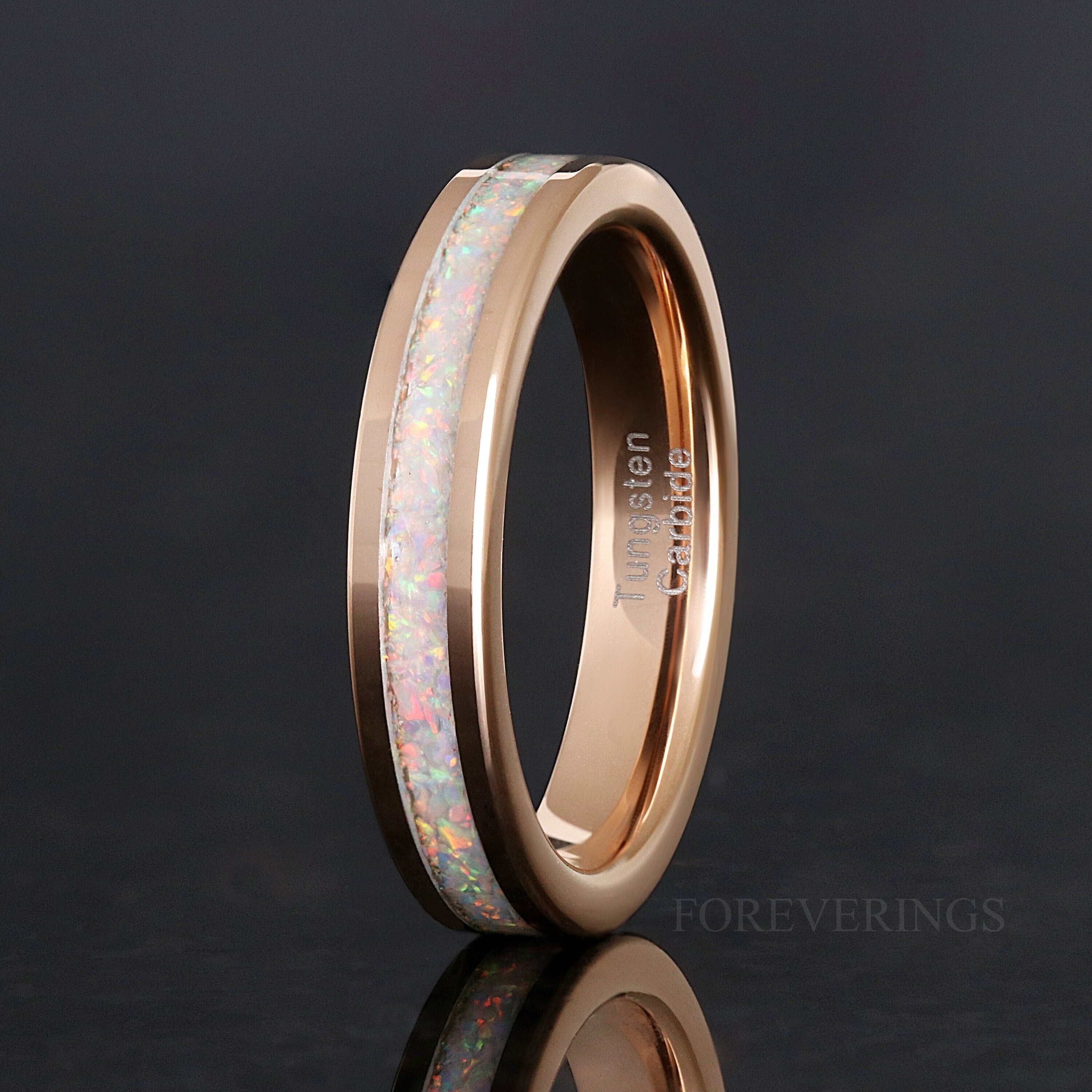 Rose Gold Opal Wedding Band Set, His Her Ring Set, White Fire Opal, Tungsten Set, 8mm & 4mm Matching Band, Promise Ring Couple, Personalized