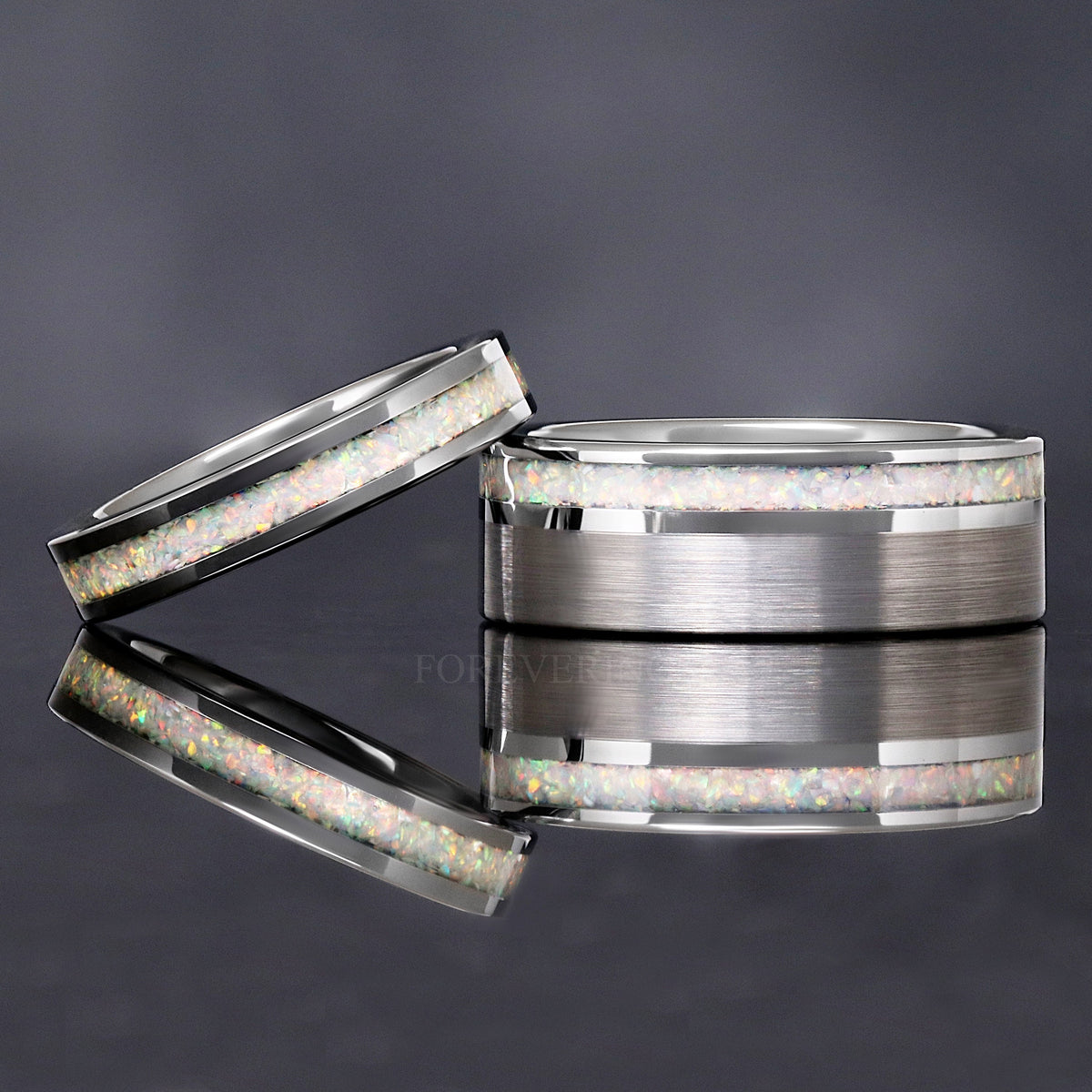 Mens White Fire Opal Ring | 8mm Brushed Silver Tungsten Band