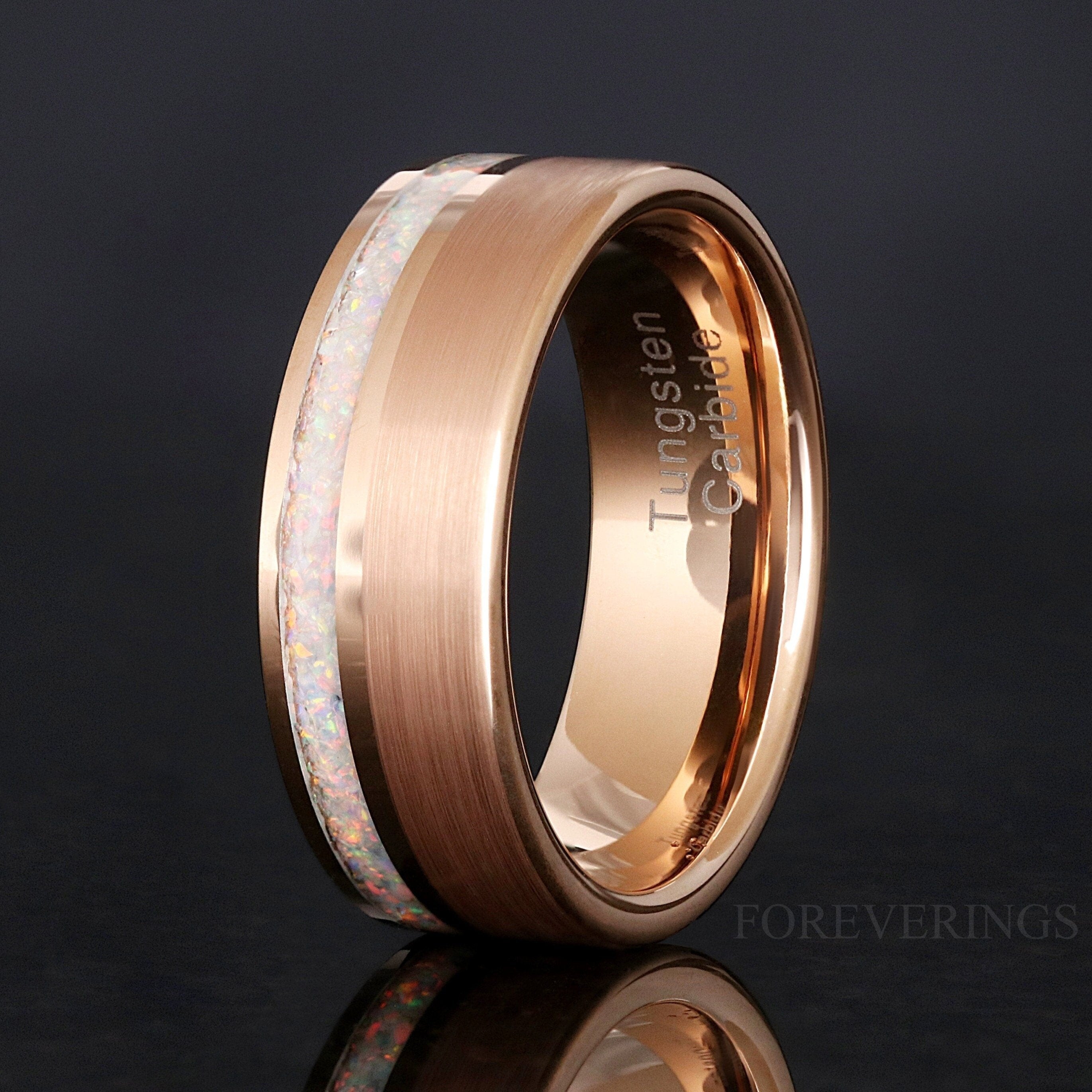 Opal Ring Men, Rose Gold Wedding Band, Personalized Gift, White Fire Opal, Man Tungsten Ring, 8mm Brushed Flat Ring, Unique Ring for Him