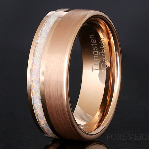 Mens White Fire Opal Ring | Rose Gold Tungsten Wedding Band