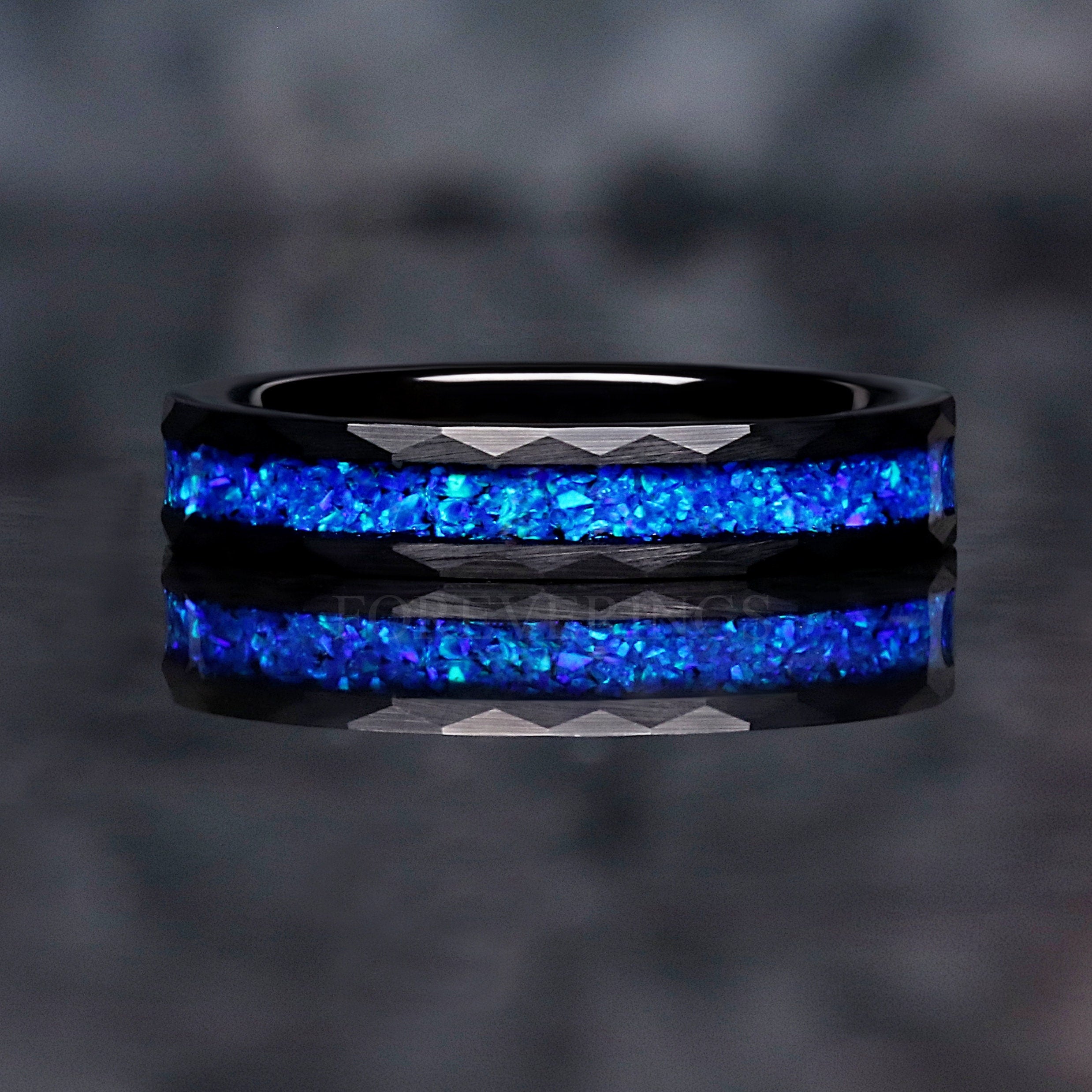 Blue Fire Opal Wedding Band 4mm Black Tungsten Ring, Hammered Brushed, Blue Strip, Unique Promise Ring, Man Woman Wedding Band, Ring Engrave