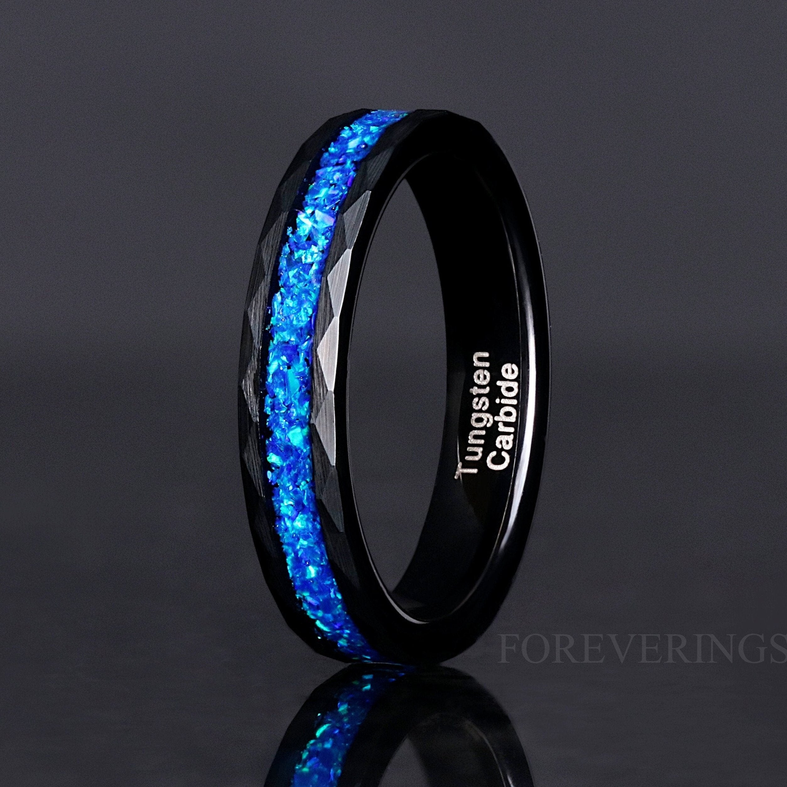 Blue Fire Opal Wedding Band 4mm Black Tungsten Ring, Hammered Brushed, Blue Strip, Unique Promise Ring, Man Woman Wedding Band, Ring Engrave