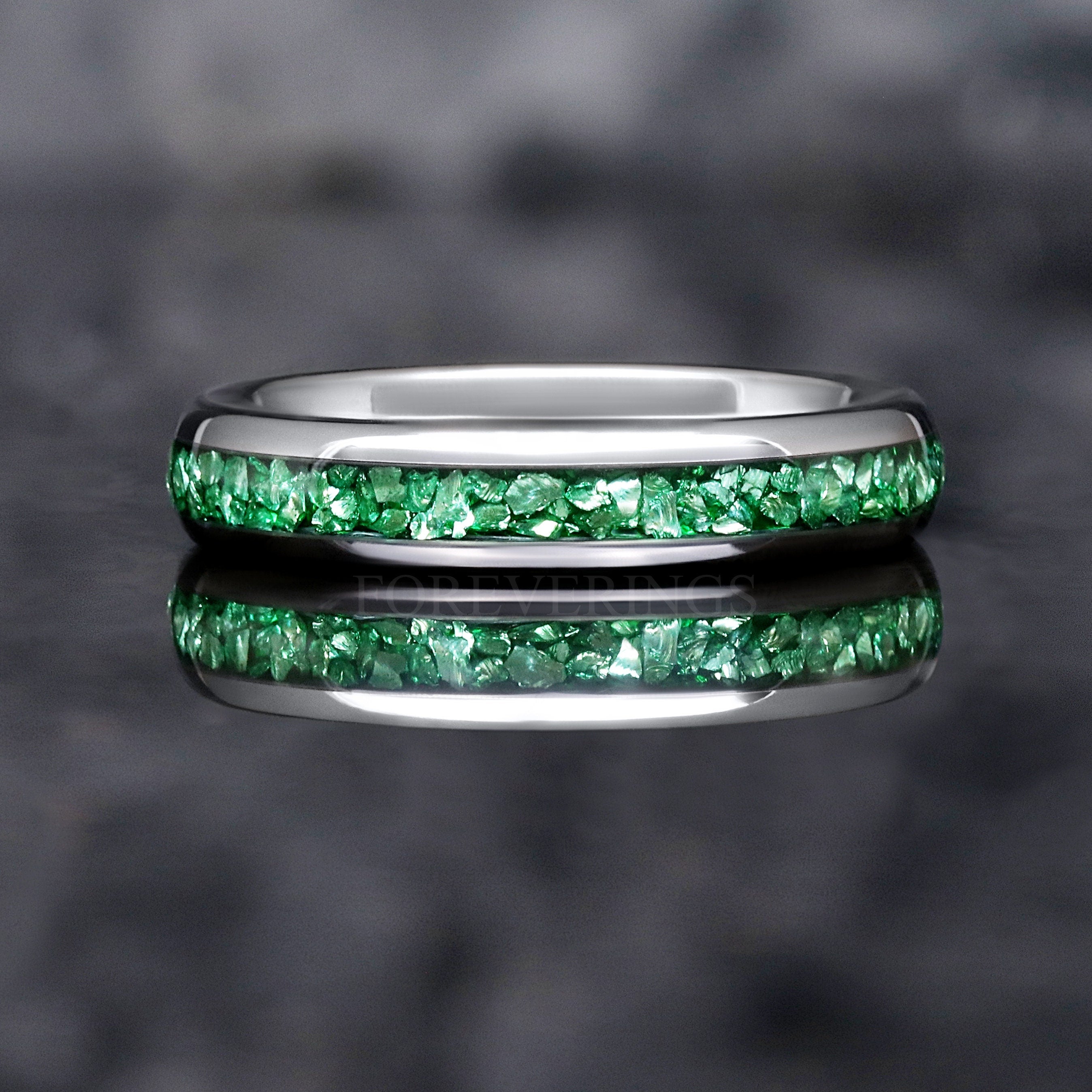 Emerald Wedding Band 4mm Silver Tungsten Ring, Green Gemstone Ring, Dome Polish, Unique Modern Promise Ring, Man Woman Wedding Band, Engrave