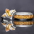 Matching silver couples ring set with a citrine bridal set and 8mm tungsten band with crushed citrine