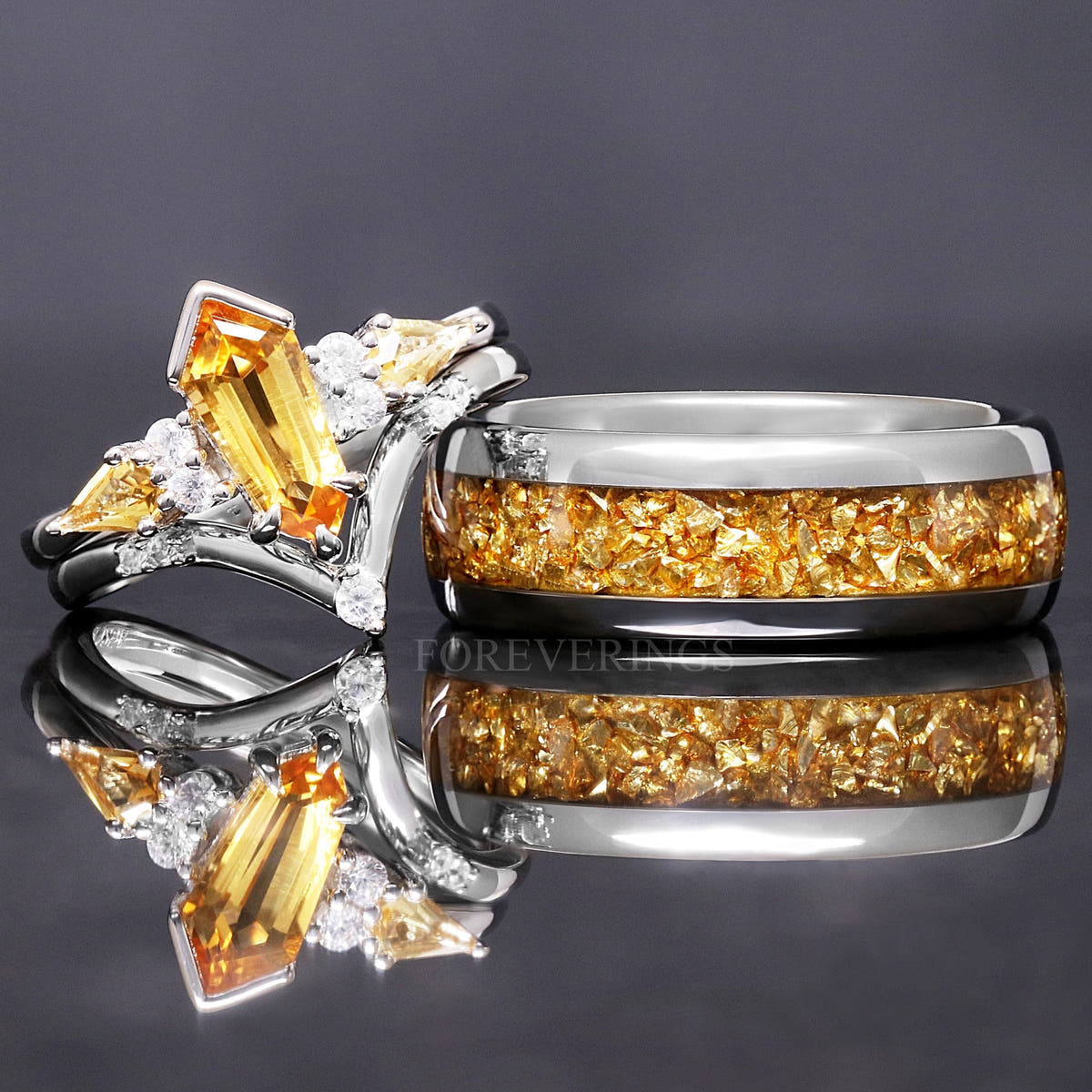 Matching silver couples ring set with a citrine bridal set and 8mm tungsten band with crushed citrine