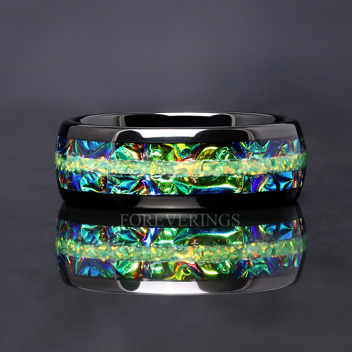 Rhaegal Green Opal Ring | Mens Black Tungsten Wedding Band