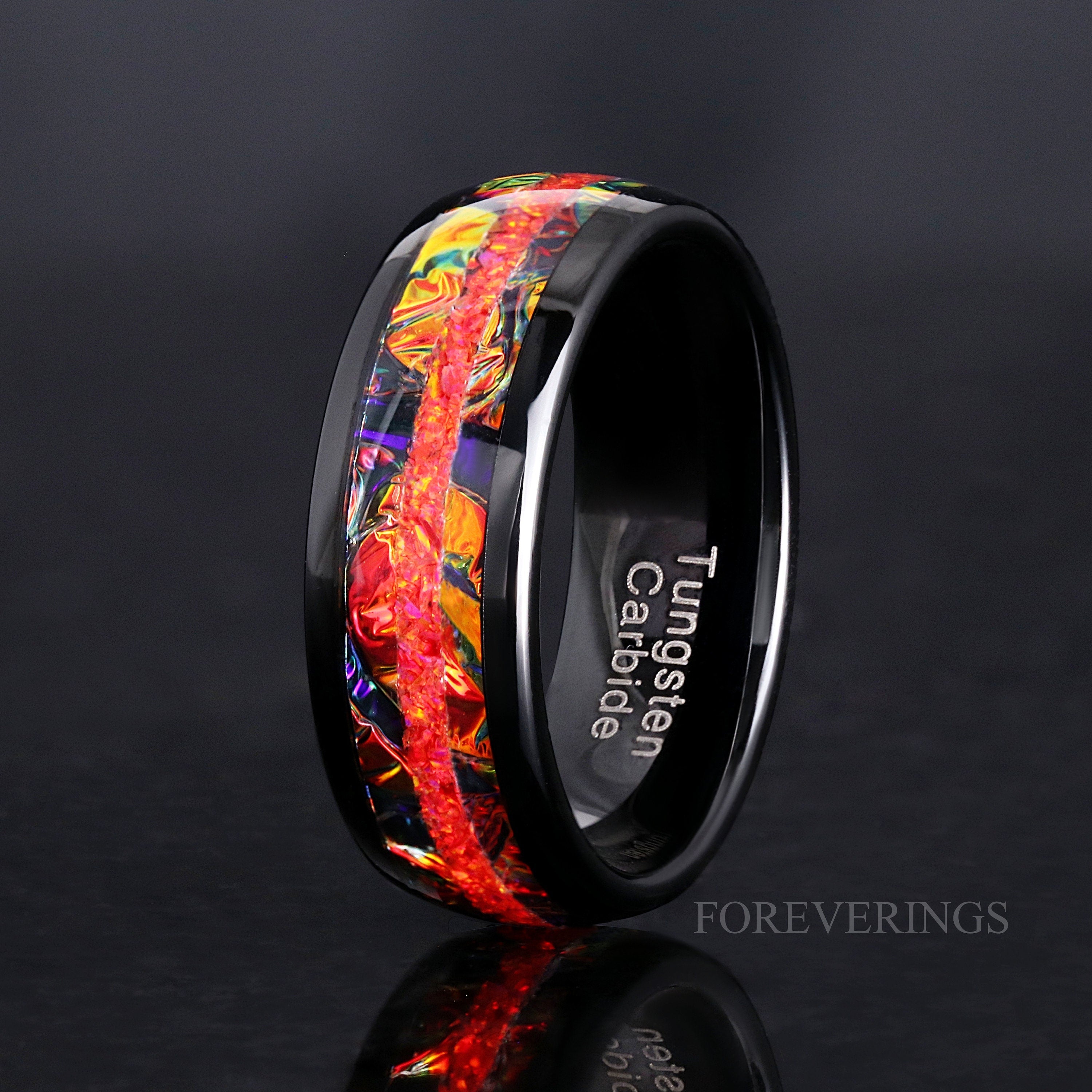 Caraxes Red Fire Opal Tungsten Wedding Band, Man Nebula Ring, Red Space Ring, Black and Red Ring, Dichrolam, Unique Man Ring, Engraving