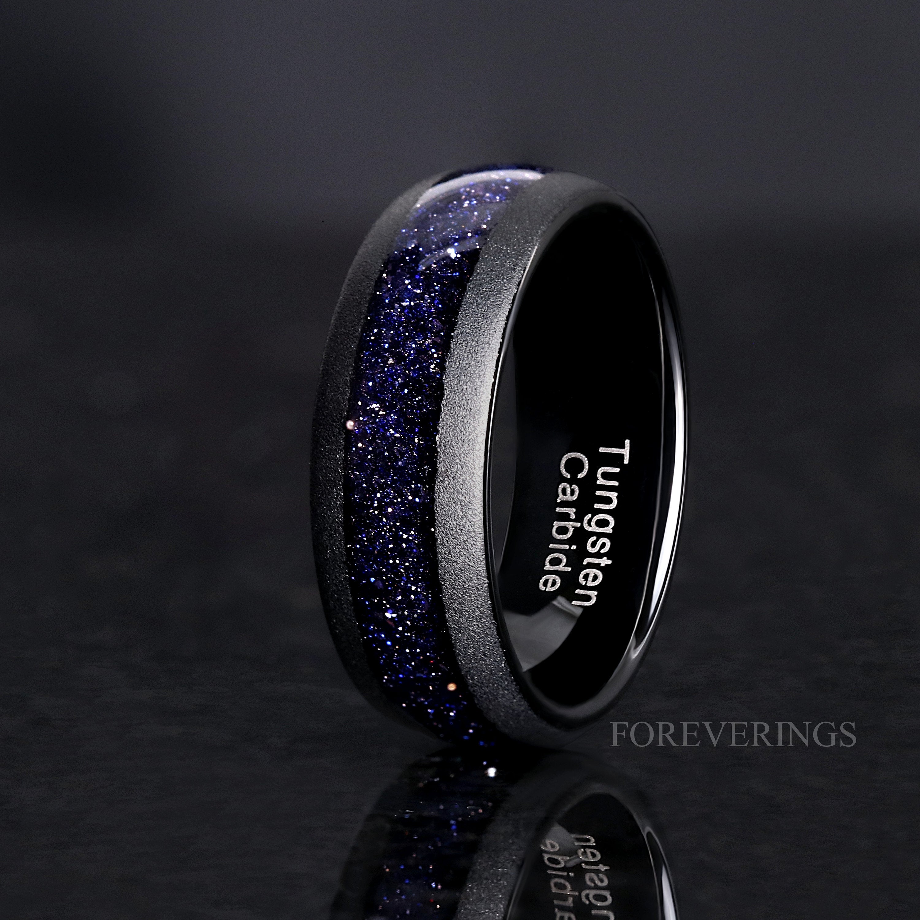 Rift Nebula Ring Men, Starry Night Wedding Band, Personalized, Space Ring, 8mm Black Tungsten Ring, Dome, Sandblast, Blue Sandstone Ring