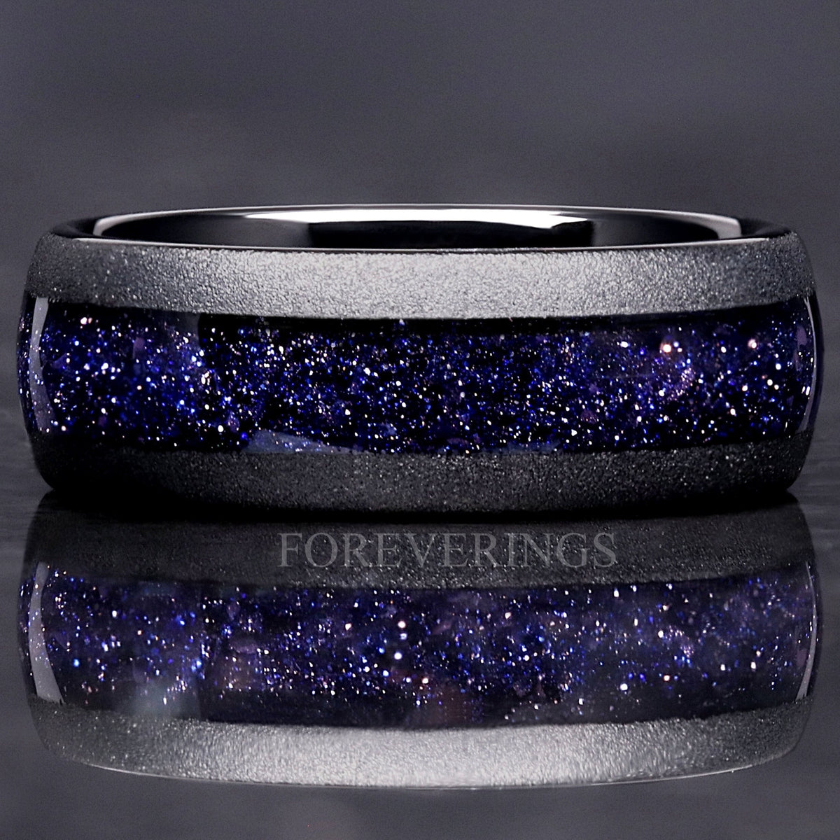 Rift Nebula Ring Men, Starry Night Wedding Band, Personalized, Space Ring, 8mm Black Tungsten Ring, Dome, Sandblast, Blue Sandstone Ring