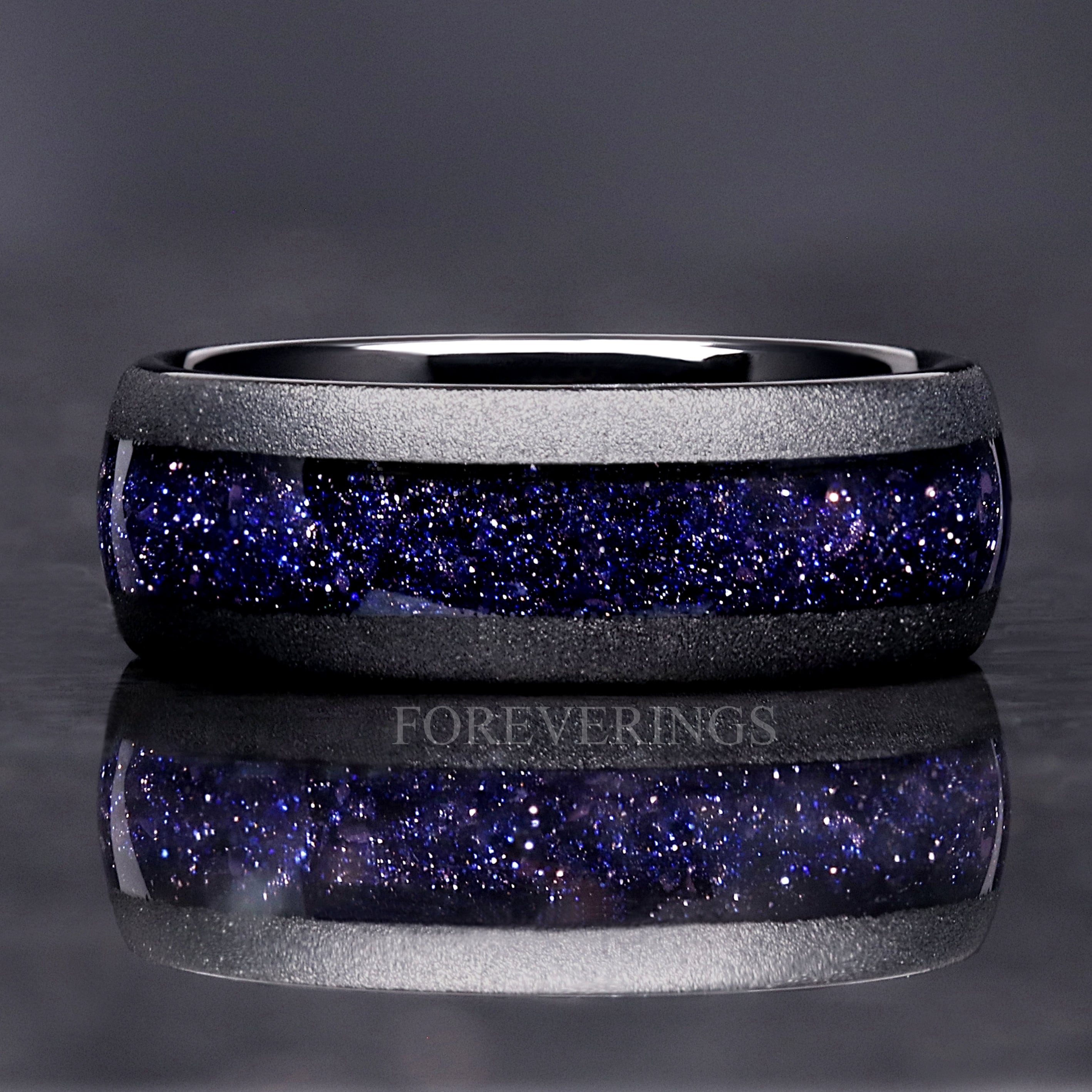 Rift Nebula Ring Men, Starry Night Wedding Band, Personalized, Space Ring, 8mm Black Tungsten Ring, Dome, Sandblast, Blue Sandstone Ring