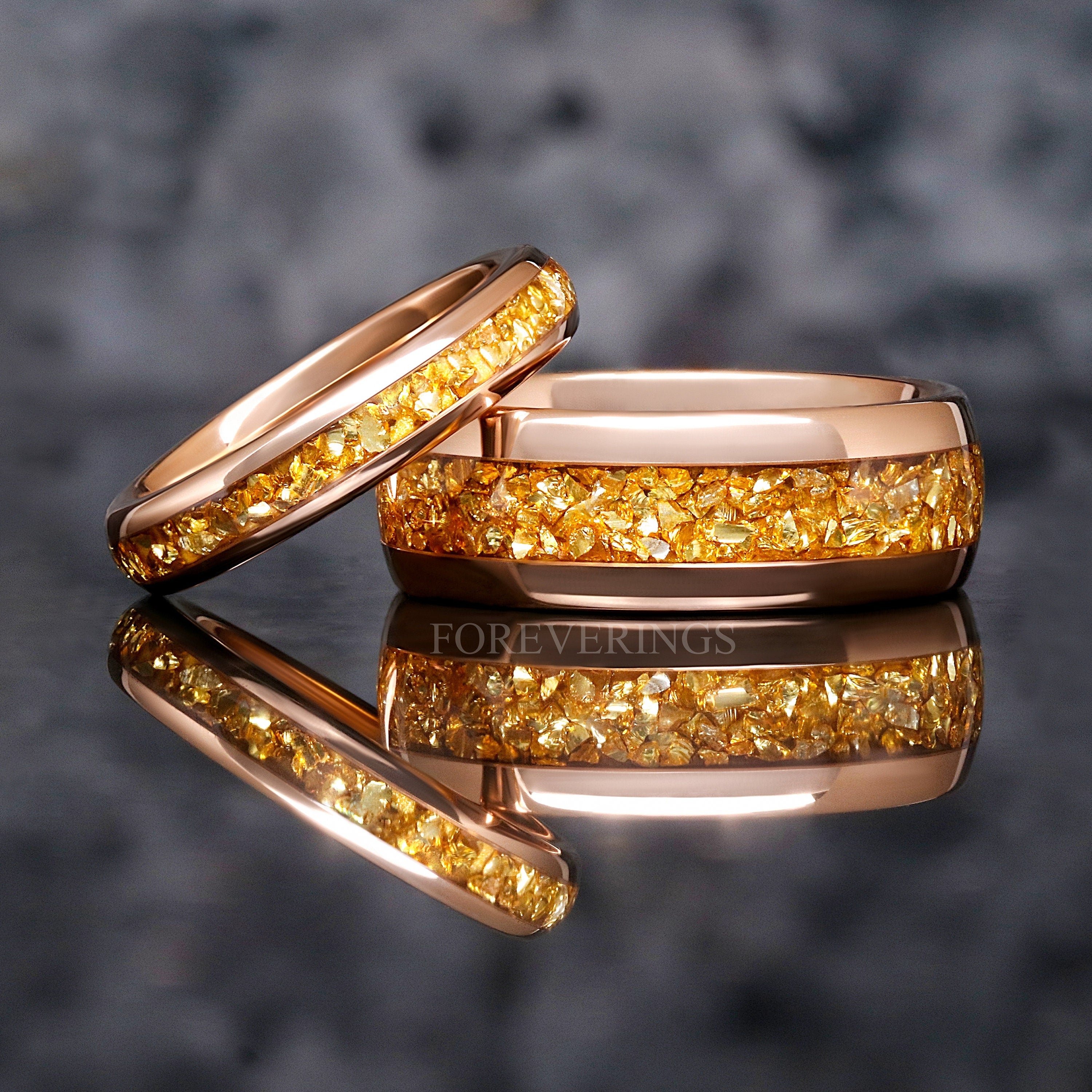 His and Hers Citrine Rose Gold Tungsten Wedding Band, Ring Set, 8mm & 4mm Matching Couples Ring, Citrine Glass Stones, Dome, Polish, Engrave