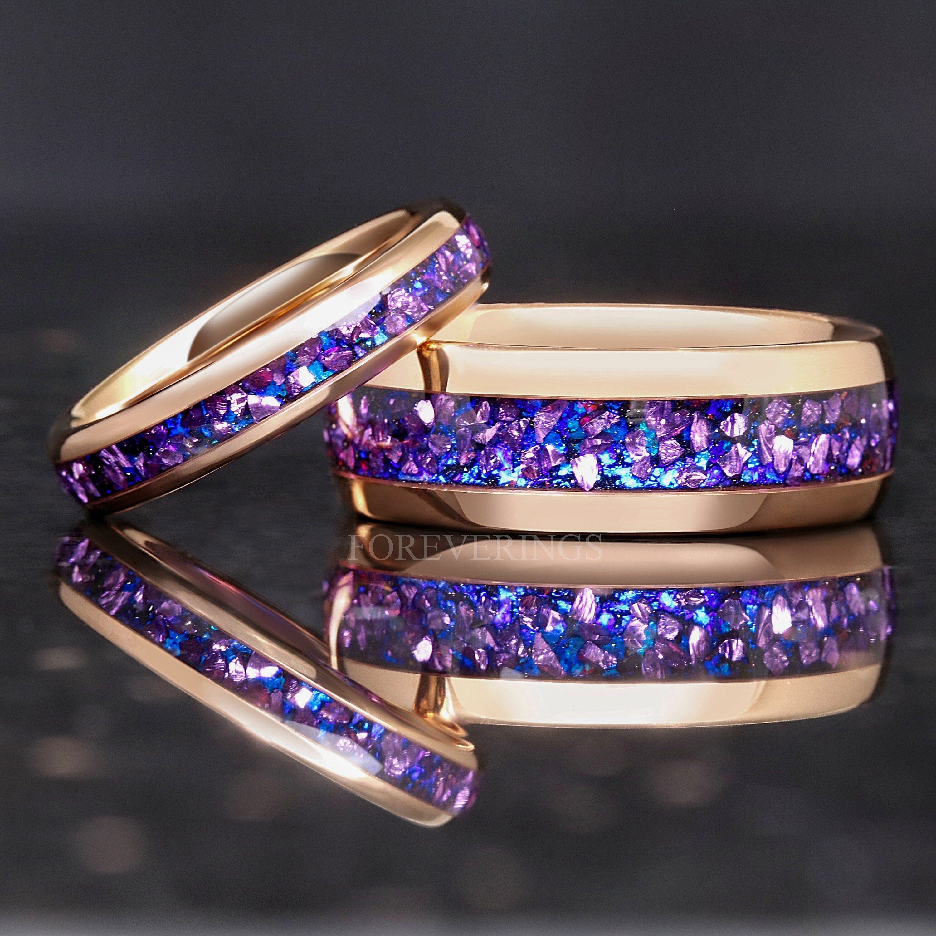 Crab Nebula Ring Set, His and Her Alexandrite Wedding Band, 8mm & 4mm Rose Gold Tungsten Ring Set, Outer Space, Polish, Dome, Comfort Fit