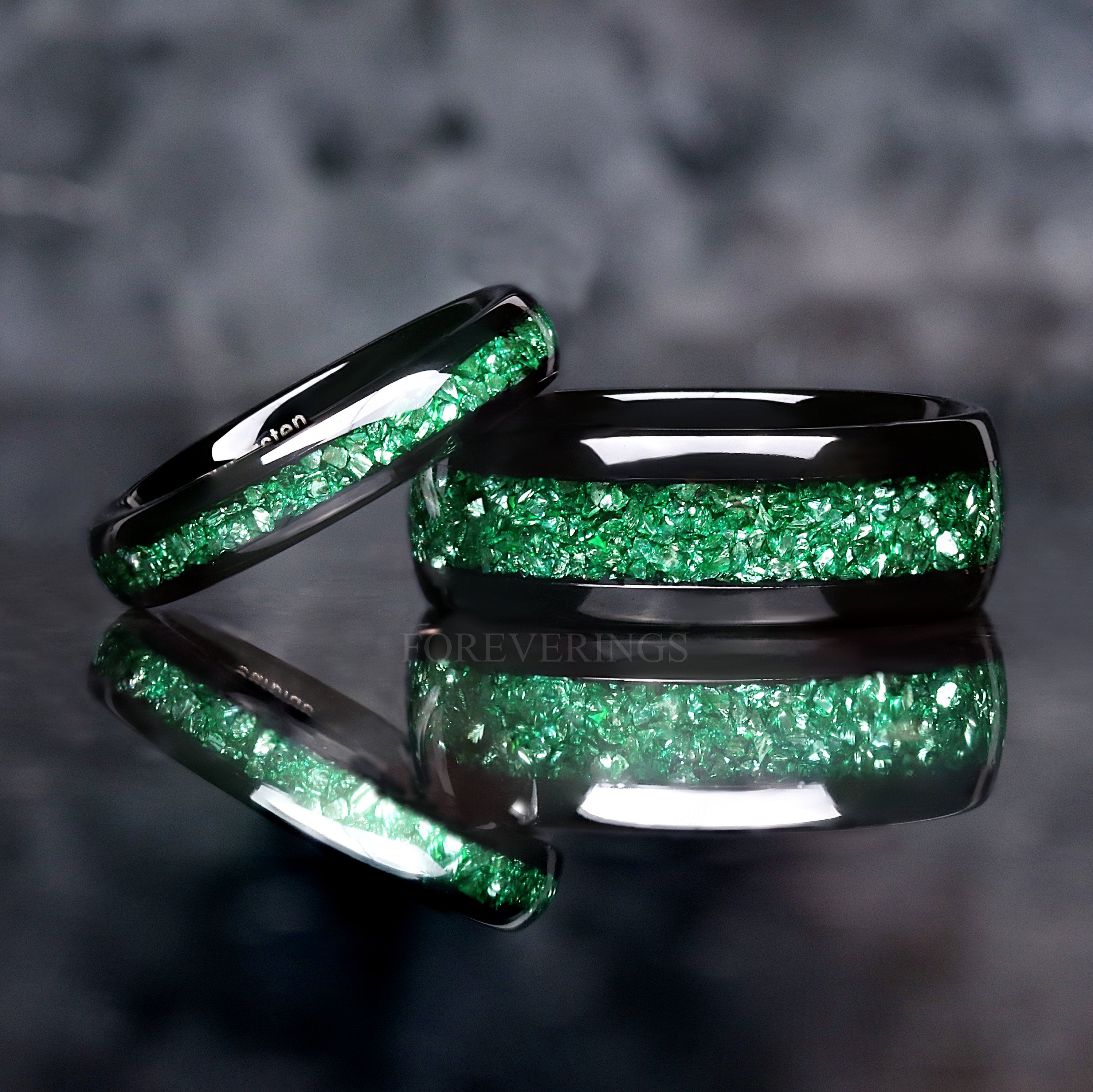 Emerald Wedding Band, Man Woman Ring, Black Tungsten Ring, 8mm-6mm-4mm Green Emerald Band, Dome Polish, Unique Modern Promise Ring, Engrave