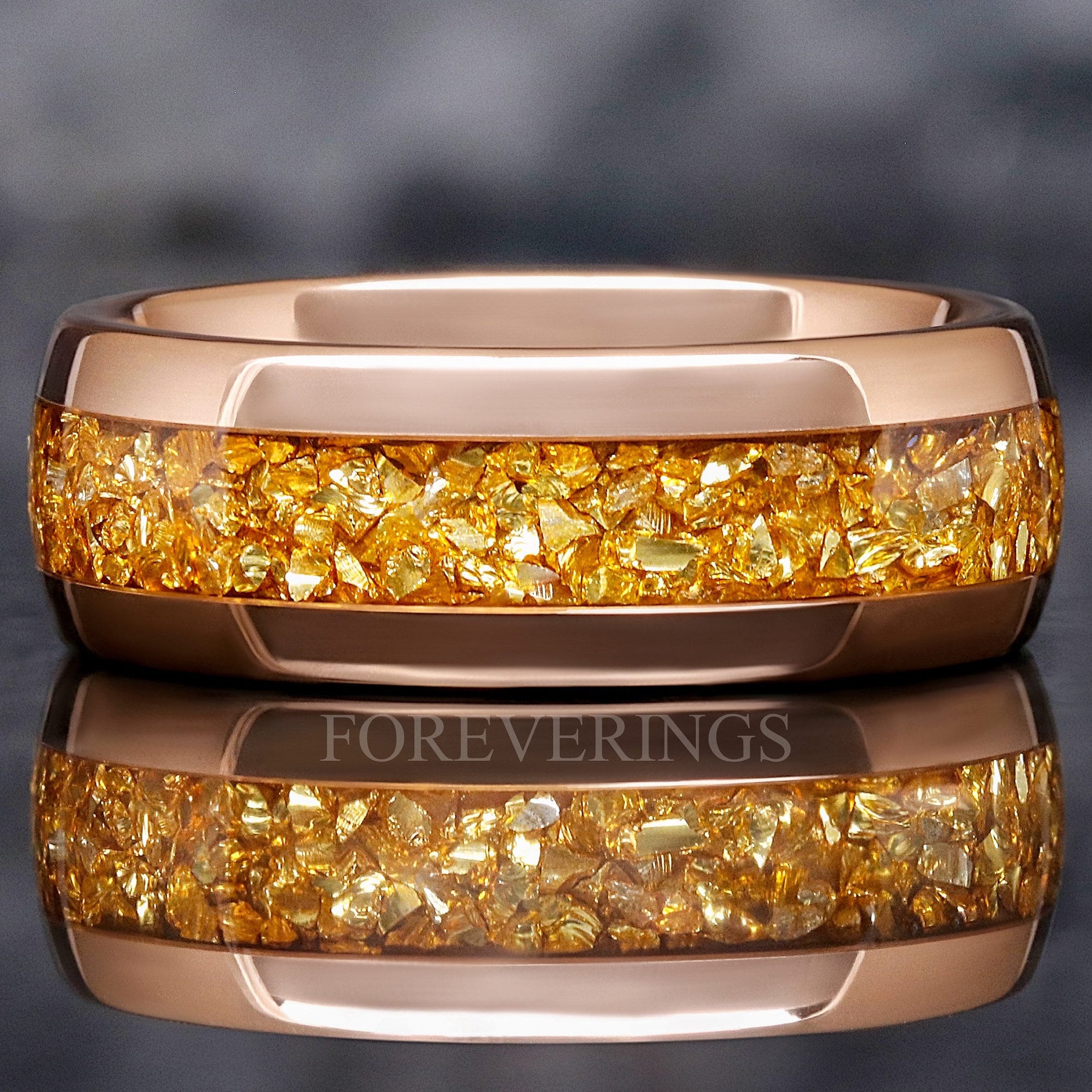 Men Citrine Rose Tungsten Wedding Band, Unique Man Ring, Crushed Citrine Glass Stones, Polished, Dome, Comfort Fit, Promise Ring, Engraving