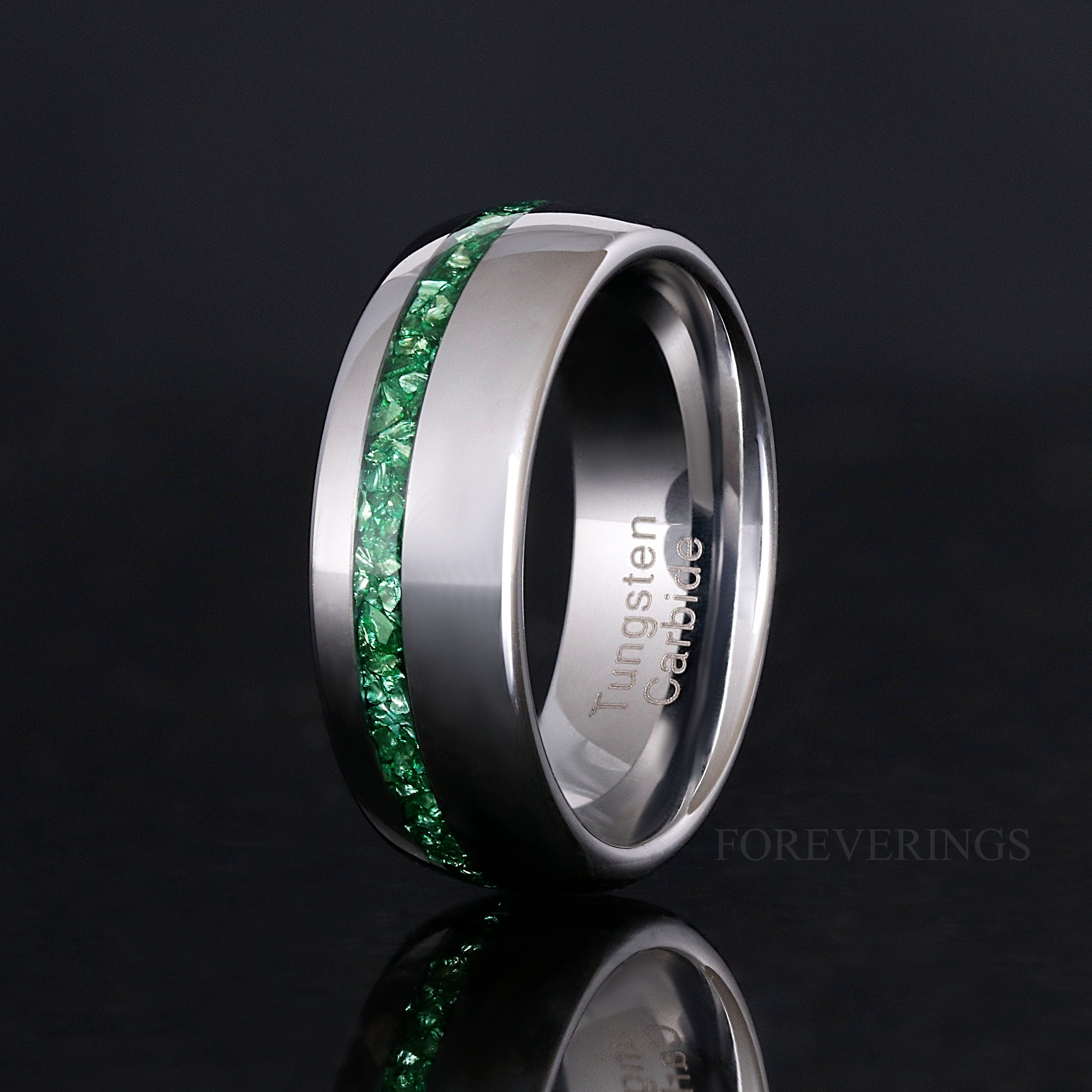 Emerald His and Hers Ring Set, Couples Wedding Band, Silver Tungsten Ring, 8mm & 4mm Matching Bands, Emerald Glass Stones, Ring Engraving