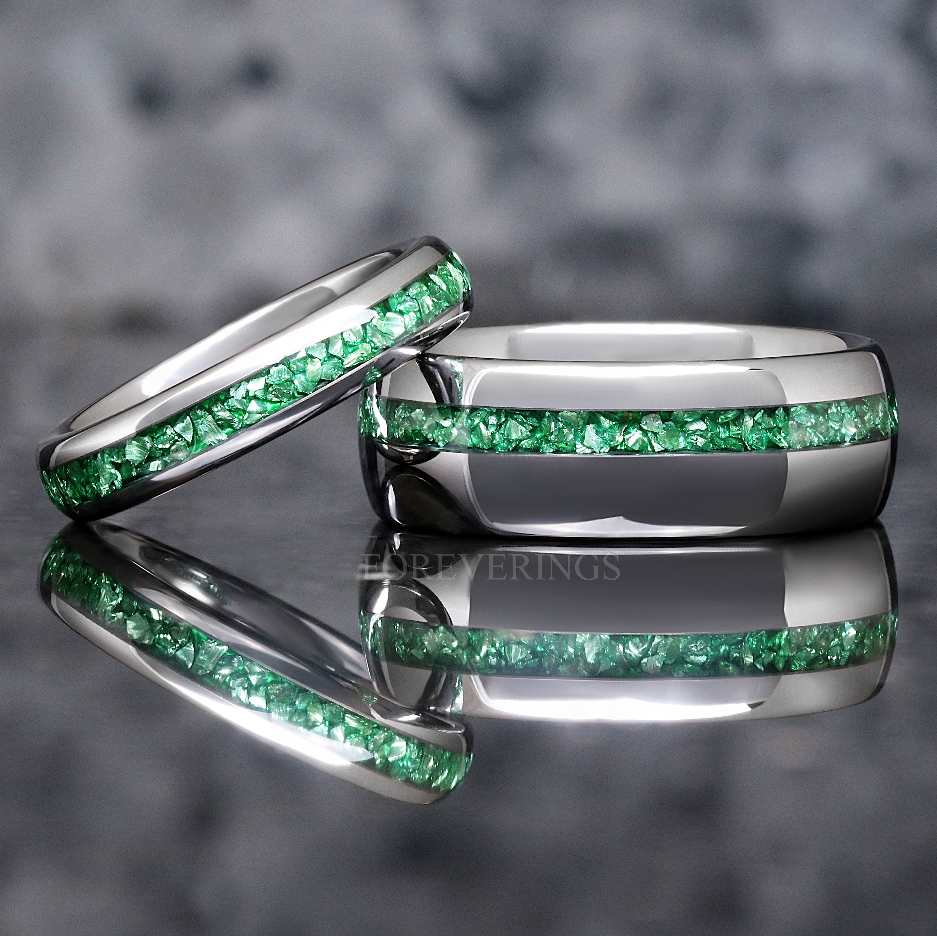 Emerald His and Hers Ring Set, Couples Wedding Band, Silver Tungsten Ring, 8mm & 4mm Matching Bands, Emerald Glass Stones, Ring Engraving