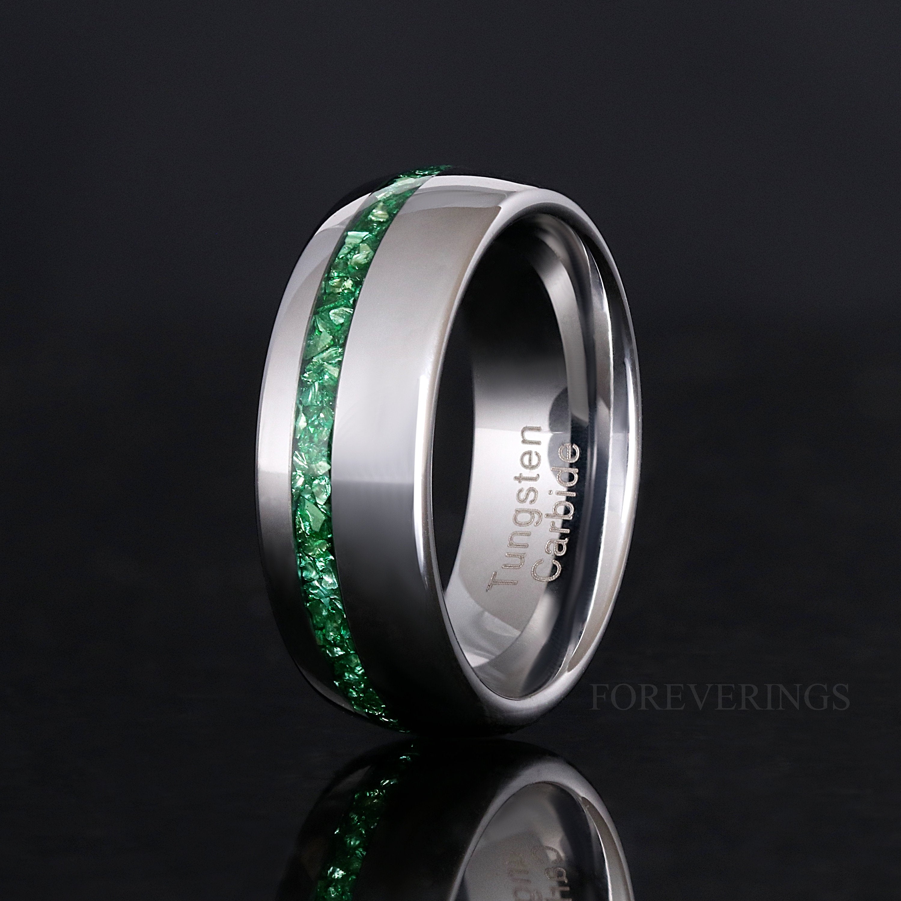 Emerald Mens Wedding Band, Silver Tungsten Ring, 8mm Green Gemstone Ring, Dome, Polish, Man Engagement Ring, Unique Promise Ring, Engraving