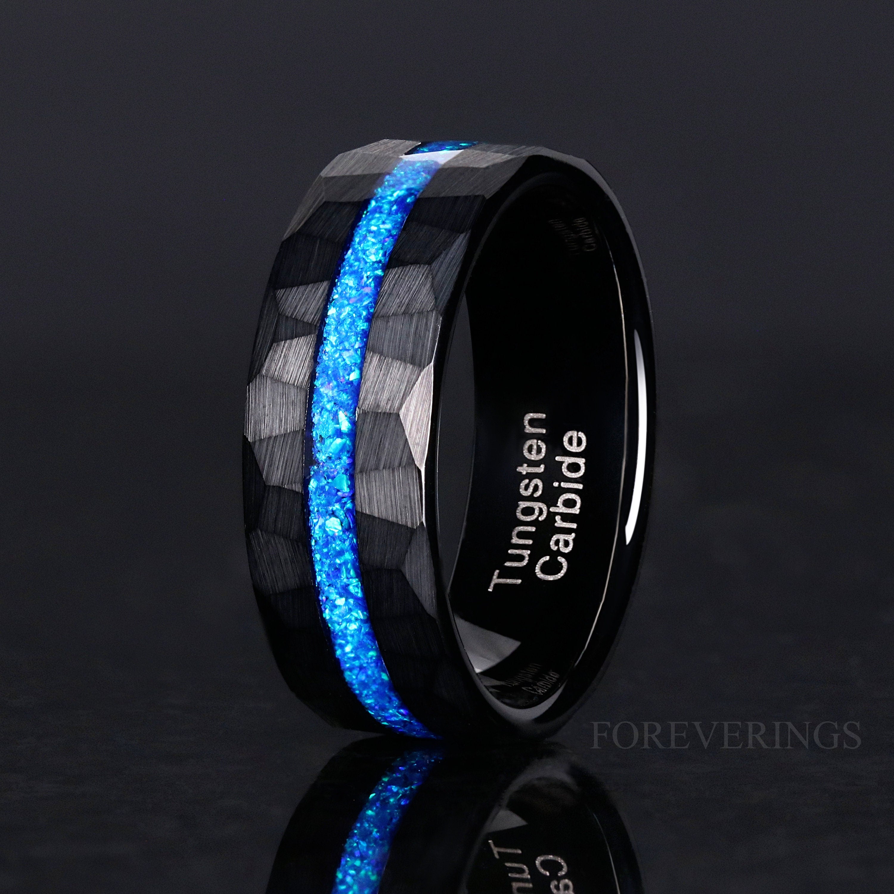 Blue Opal Ring Set, His Her Wedding Band, Black Tungsten Ring, Black Hammered Ring, Flat, Thin Blue Strip, Matching Couples Ring, Engraving