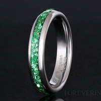 Emerald Wedding Band 4mm Silver Tungsten Ring, Green Gemstone Ring, Dome Polish, Unique Modern Promise Ring, Man Woman Wedding Band, Engrave