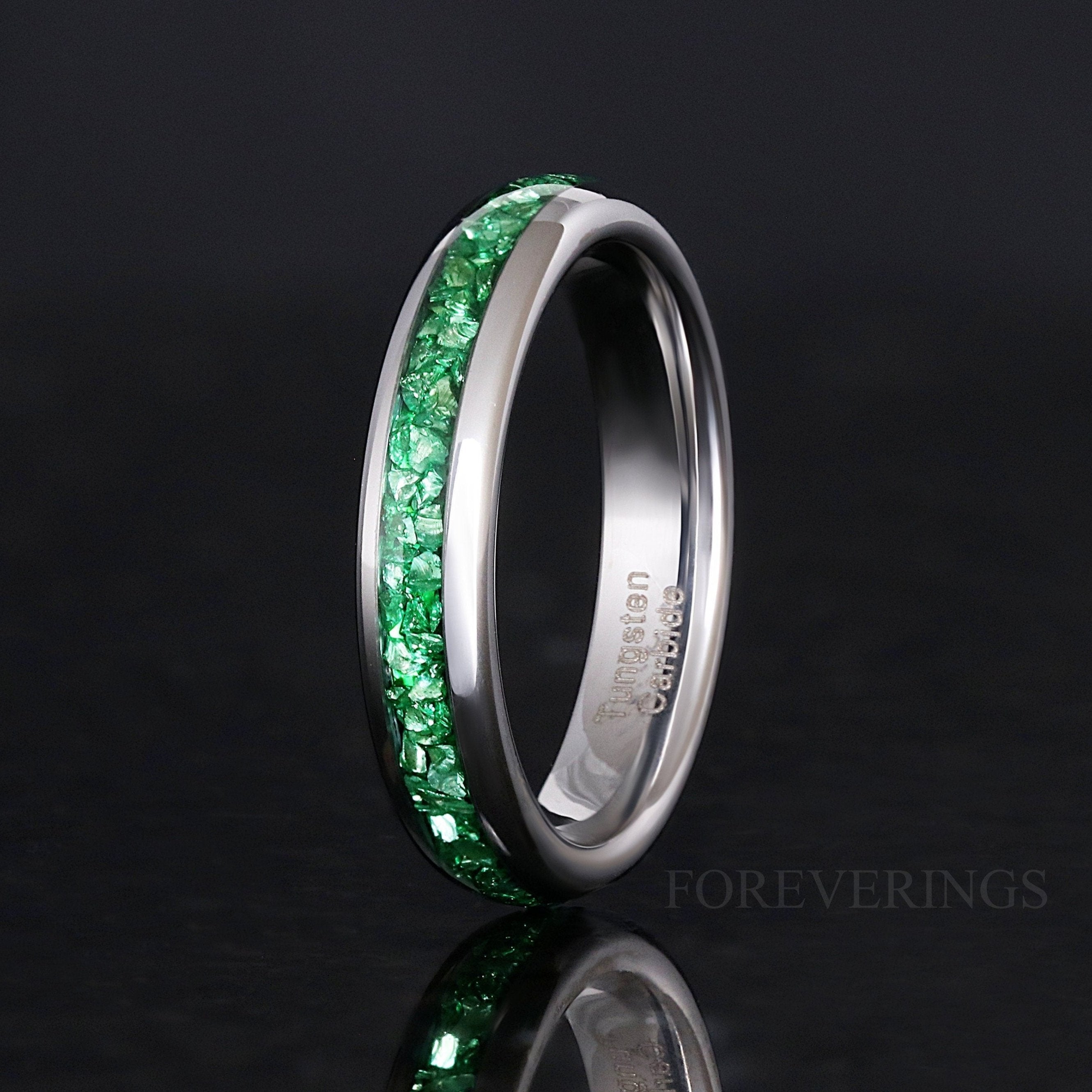 Emerald Wedding Band 4mm Silver Tungsten Ring, Green Gemstone Ring, Dome Polish, Unique Modern Promise Ring, Man Woman Wedding Band, Engrave