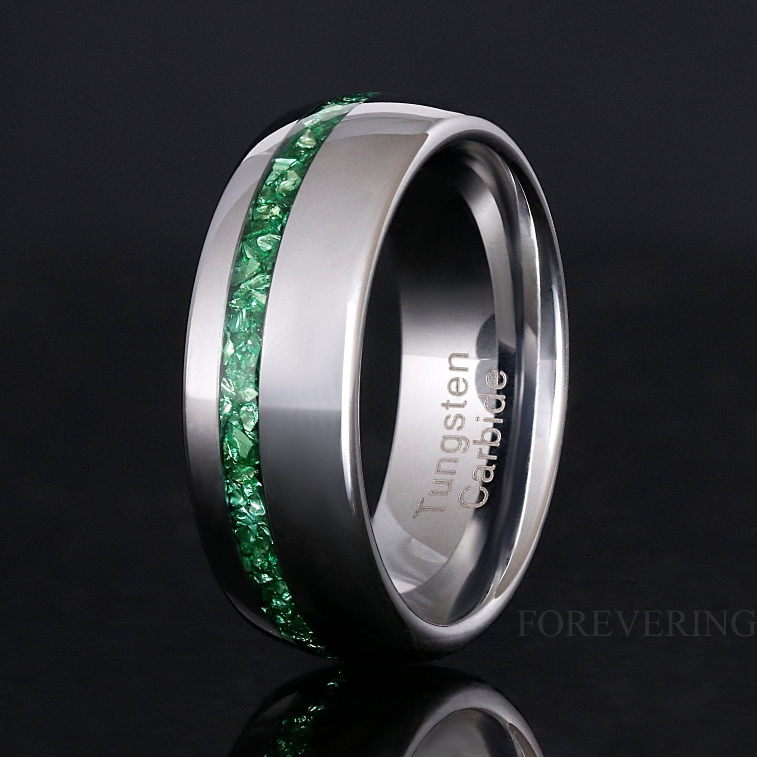 Emerald Mens Wedding Band, Silver Tungsten Ring, 8mm or 6mm Green Gemstone Ring, Dome, Polish, Man Engagement Ring, Unique Promise Ring, Engraving