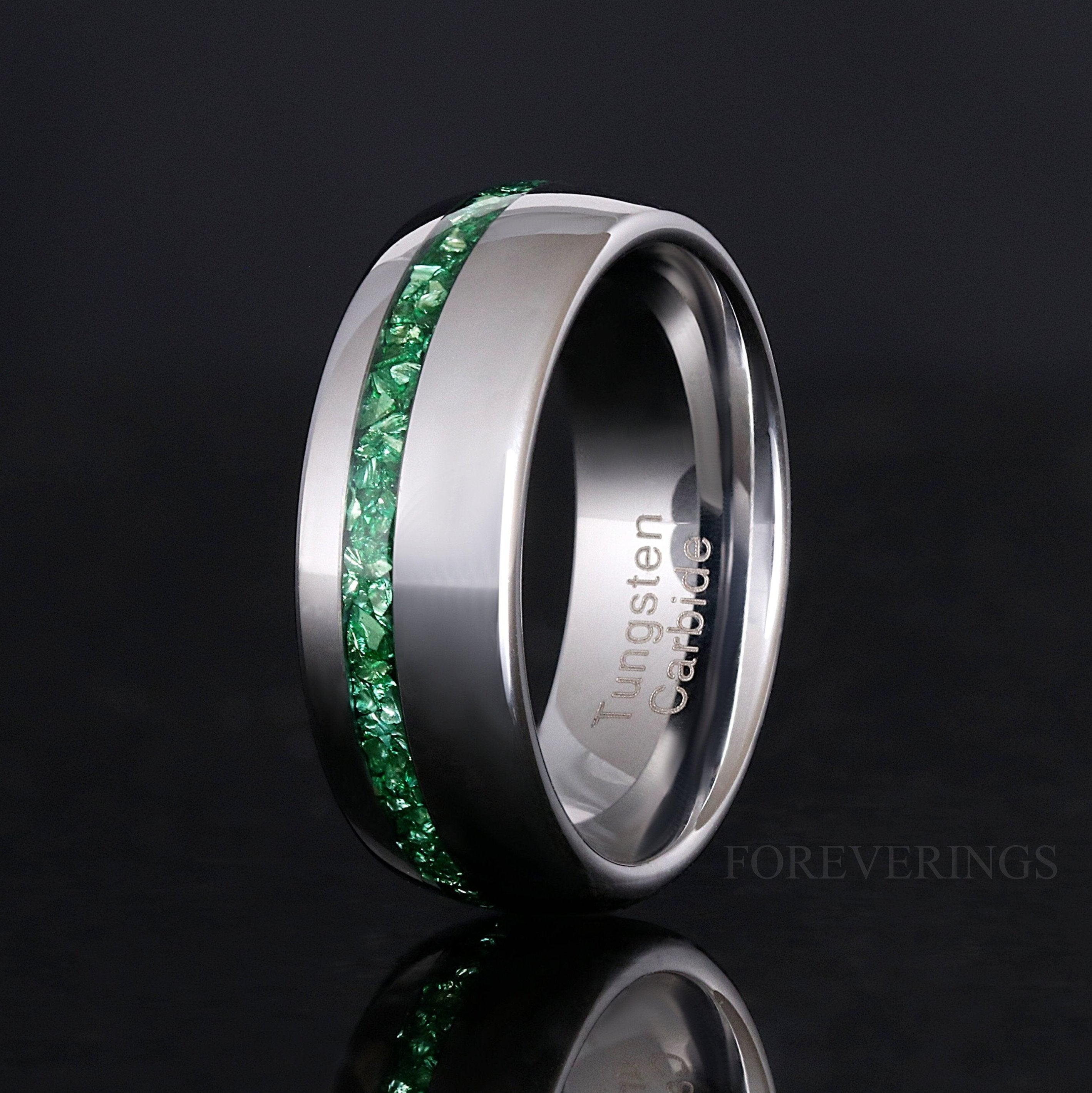 Emerald Mens Wedding Band, Silver Tungsten Ring, 8mm Green Gemstone Ring, Dome, Polish, Man Engagement Ring, Unique Promise Ring, Engraving