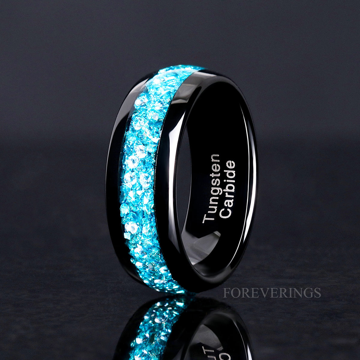 His and Hers Aquamarine Tungsten Wedding Band, 8mm & 4mm Black Tungsten Ring Set, Aquamarine Couple Ring Set, Dome, Polished, Ring Engraving
