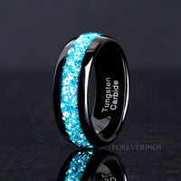His and Hers Aquamarine Tungsten Wedding Band, 8mm & 4mm Black Tungsten Ring Set, Aquamarine Couple Ring Set, Dome, Polished, Ring Engraving