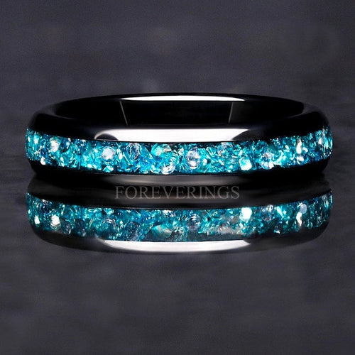 4mm black tungsten wedding band with crushed aquamarine inlay, polished dome, front view