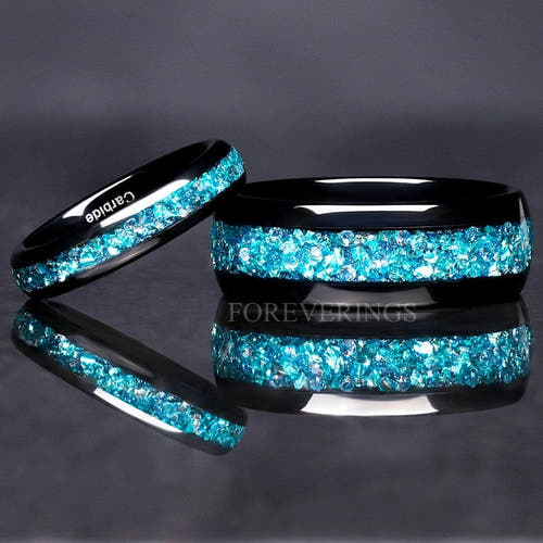 Matching black tungsten couples ring set with crushed aquamarine inlay, 8mm and 4mm