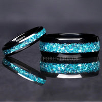 His and Hers Aquamarine Tungsten Wedding Band, 8mm & 4mm Black Tungsten Ring Set, Aquamarine Couple Ring Set, Dome, Polished, Ring Engraving