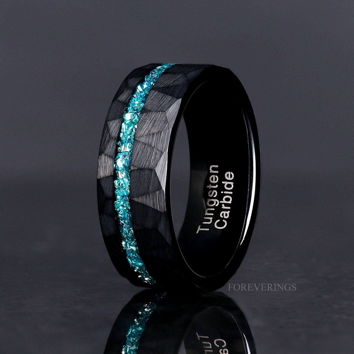 Men's Aquamarine Wedding Band – 8mm Black Hammered Tungsten Ring, Blue Crushed Stone Inlay, Offset Promise Ring, Ring Engraving