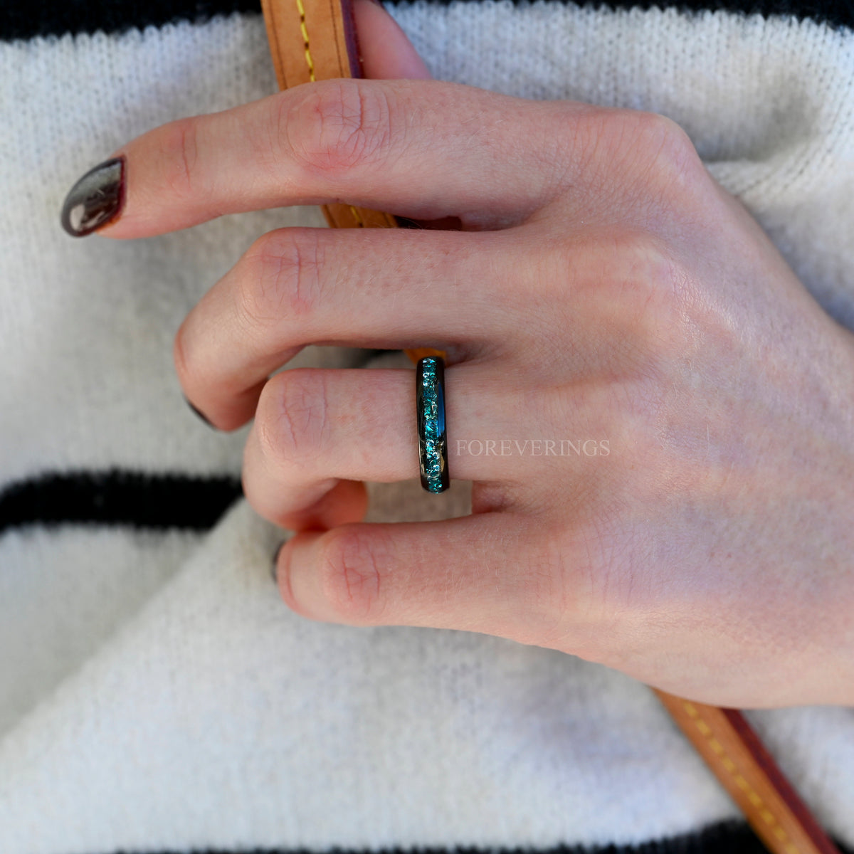 4mm Aquamarine Black Tungsten Wedding Band, Crushed Aquamarine Band, Black Promise Ring, Women Men Ring, Dome, Polished, Ring Engraving
