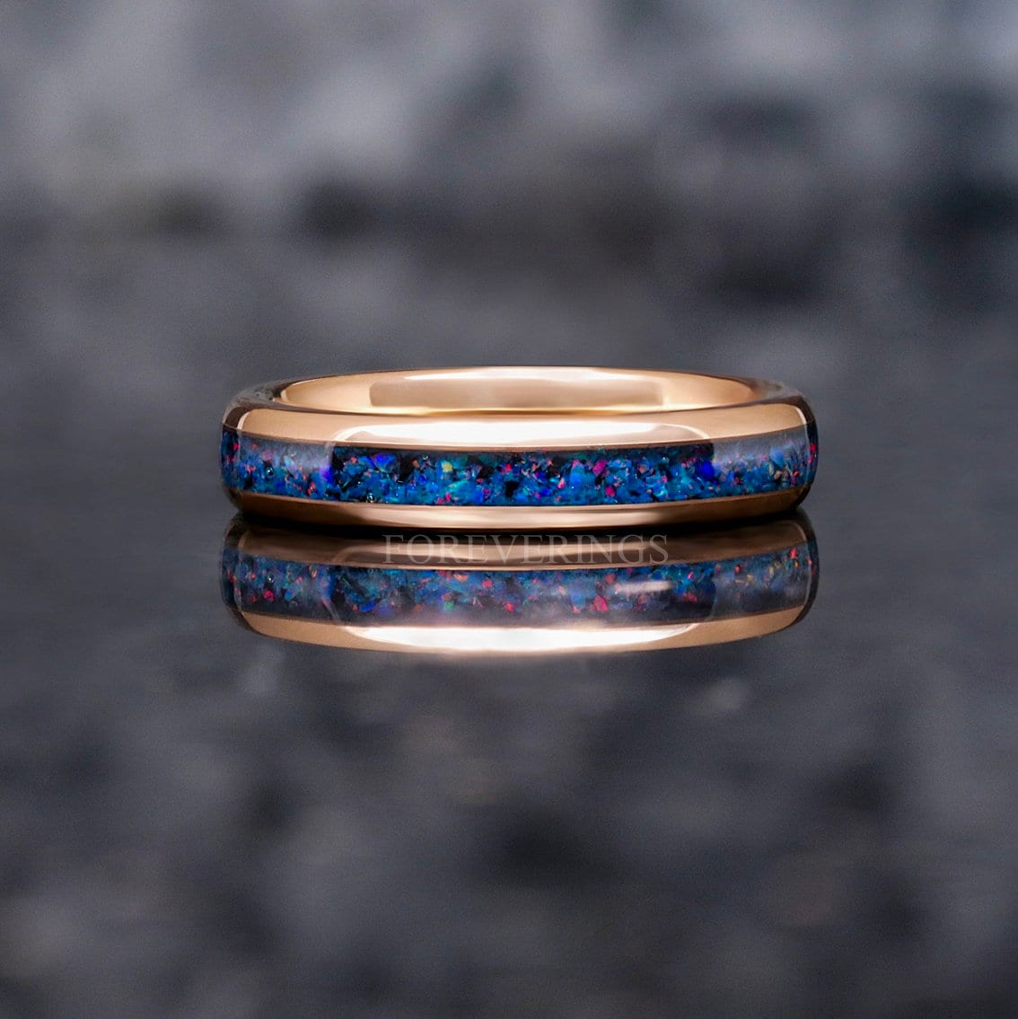 4mm Indigo Blue Fire Opal Band, Rose Gold Tungsten Wedding Band, Man Woman Ring, Polished, Dome, Unique Wedding Band, Promise Ring, Engrave