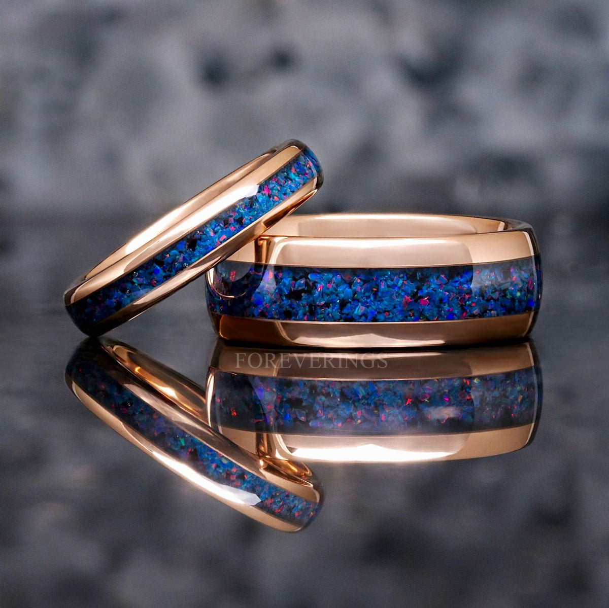 Mens Opal Wedding Band | Indigo Blue Inlay 8mm Rose Gold Tungsten
