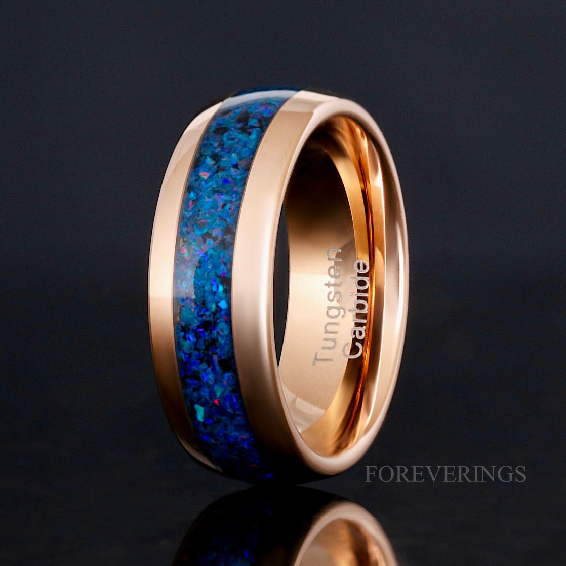 Mens Opal Ring, Rose Gold Wedding Band, Indigo Blue Opal Ring, Rose Gold Tungsten Ring, Fire Opal, Polished, Dome, Unique Ring, Engraving