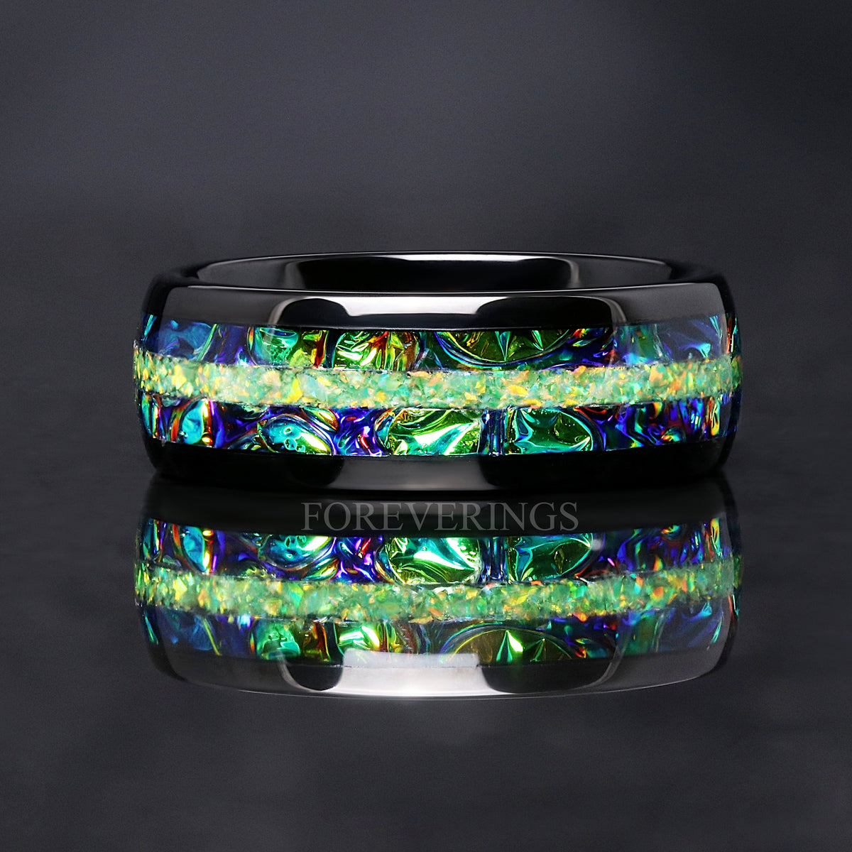Rhaegal Green Opal Ring | Mens Black Tungsten Wedding Band