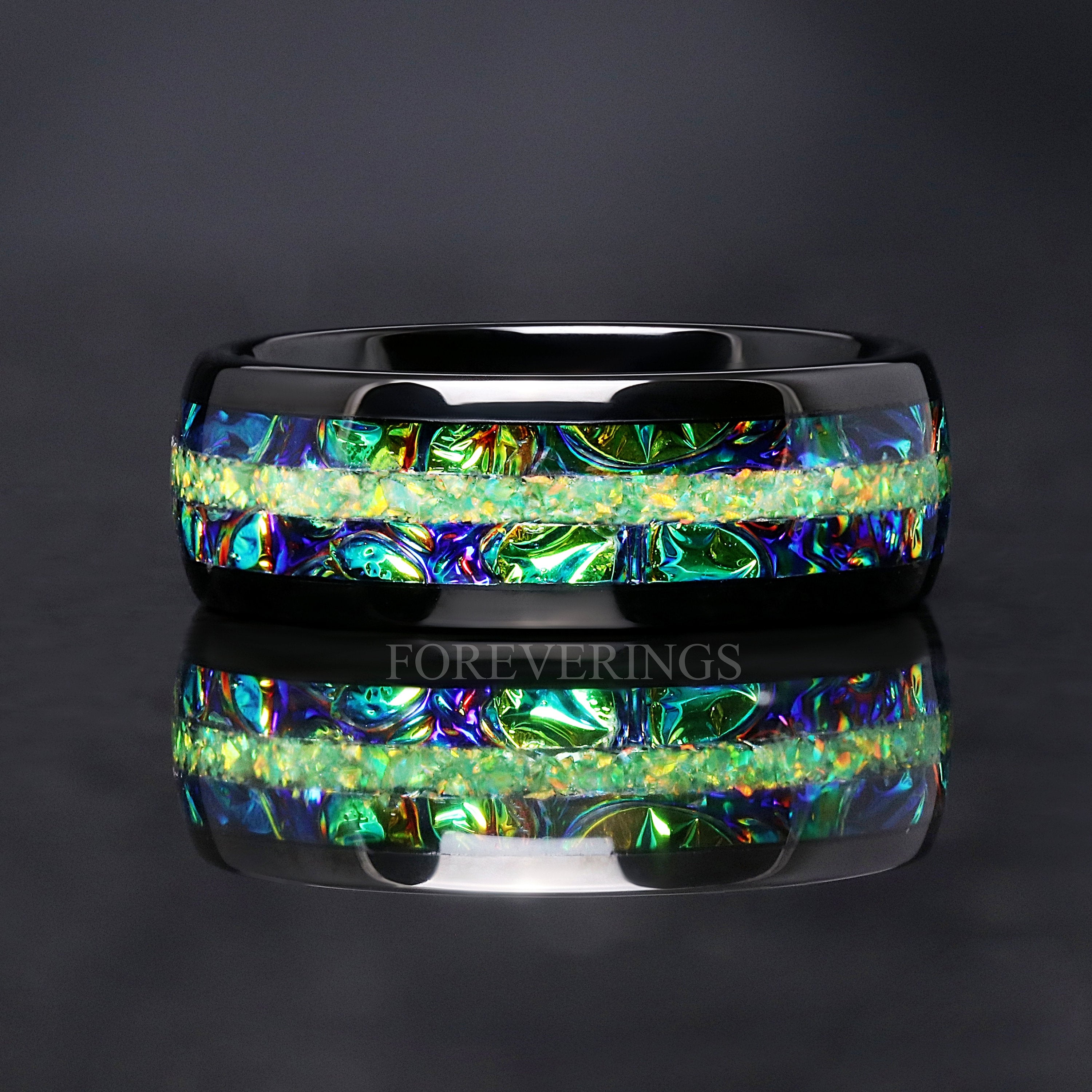 Rhaegal Green Fire Opal Tungsten Wedding Band, Man Dichrolam Ring, Promise Ring, Man Black Ring, Unique Color Change Band for Him, Engraving