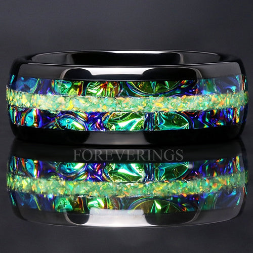 Rhaegal Green Opal Ring | Mens Black Tungsten Wedding Band