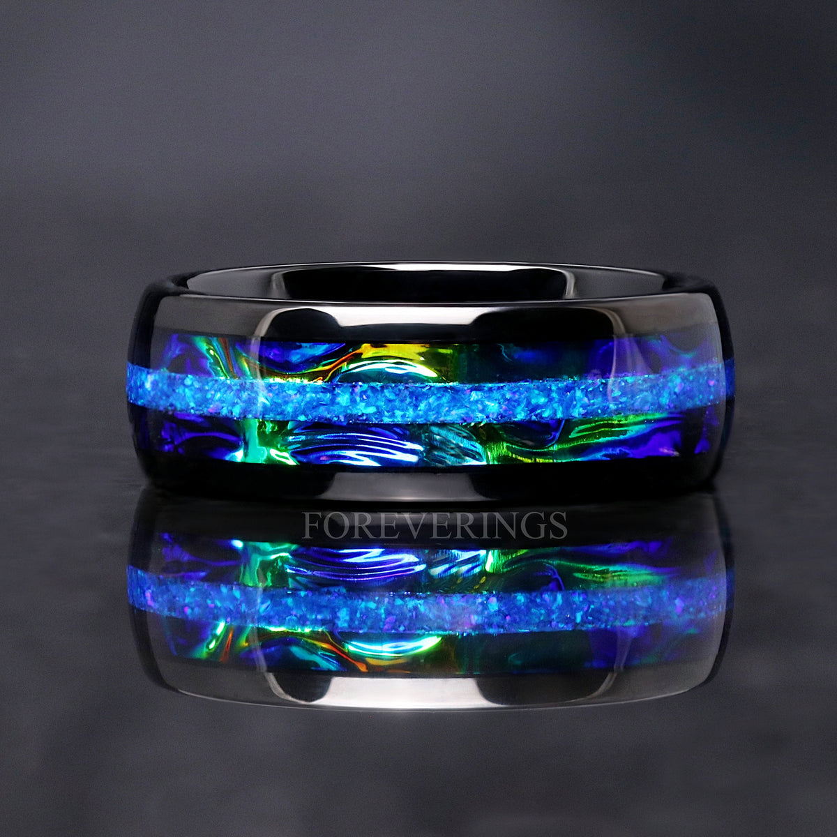 Azure Blue Fire Opal Mens Wedding Band | 8mm Nebula Black Tungsten Ring
